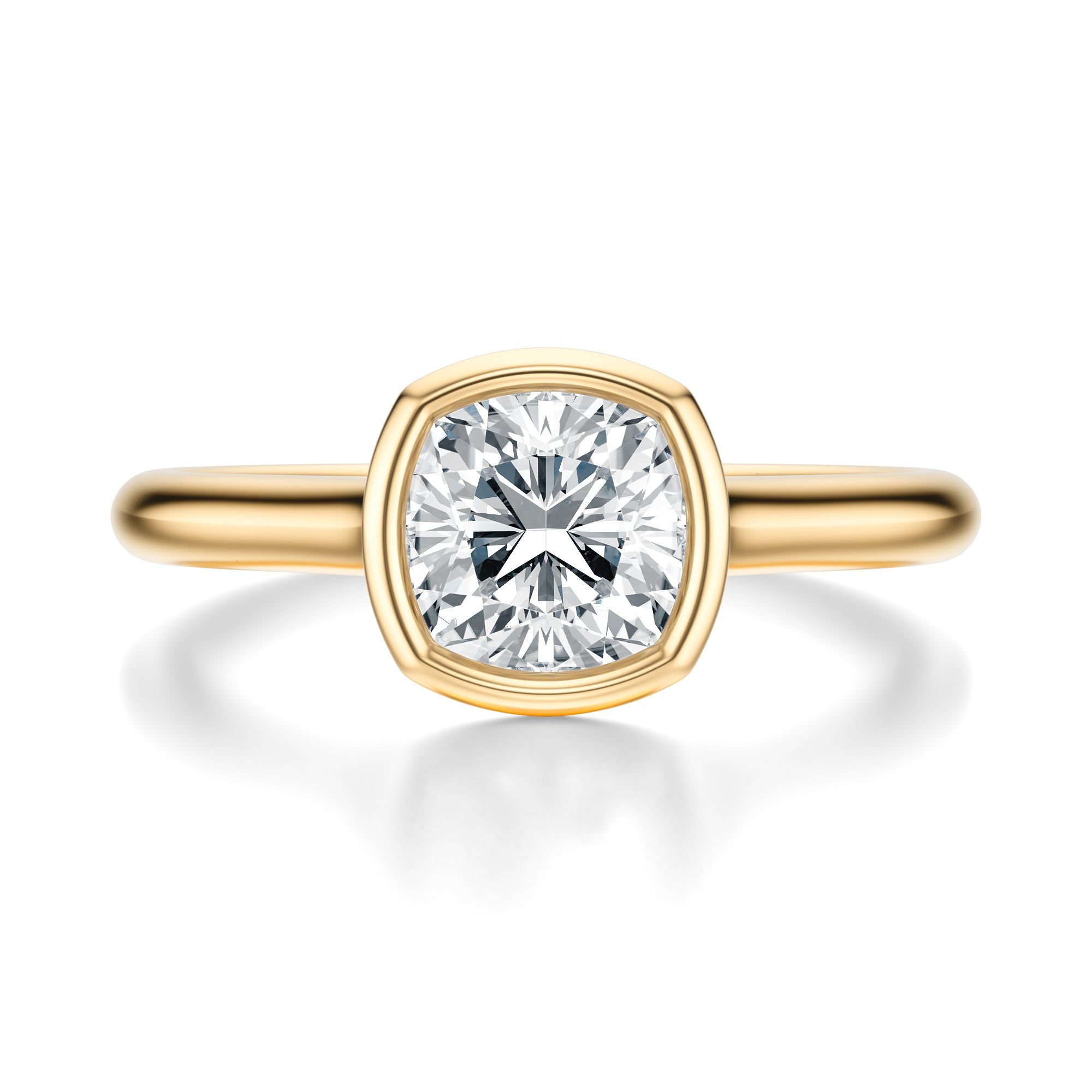Signature Bezel Cushion Engagement Ring - Yellow Gold Polished Band - Front View
