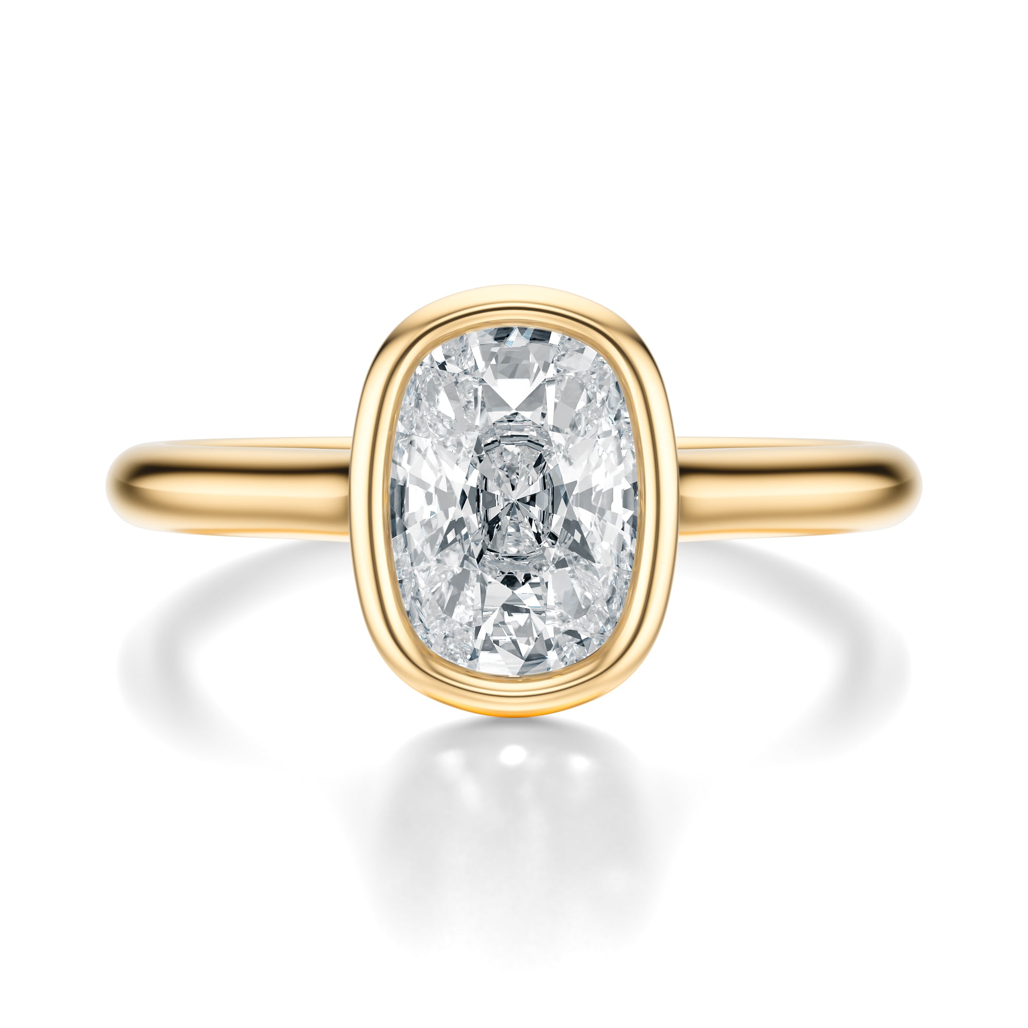 Signature Bezel Elongated Cushion Engagement Ring - Yellow Gold Polished Band - Front View