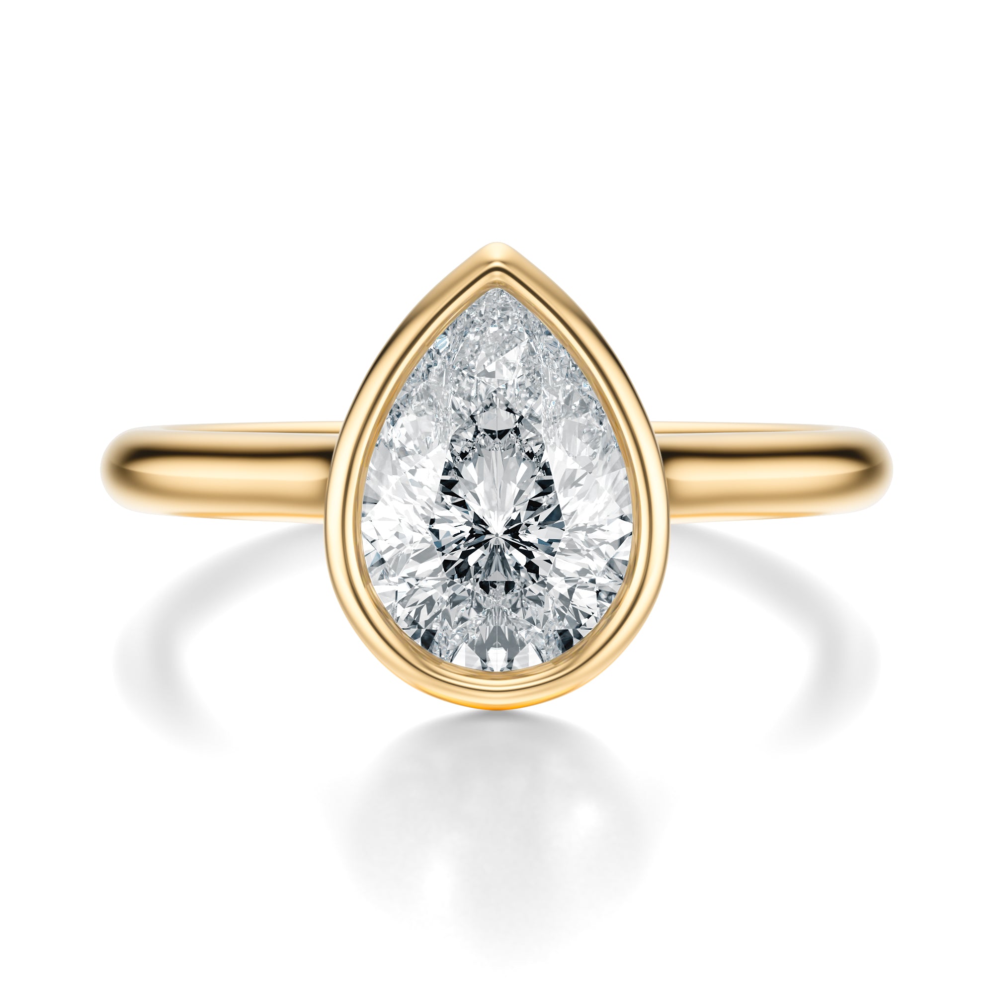 Signature Bezel Pear Engagement Ring - Yellow Gold Polished Band - Front View