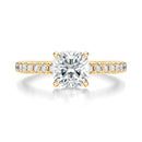 Signature Cathedral Hidden Halo Cushion Engagement Ring - Yellow Gold Pavé Band - Front View