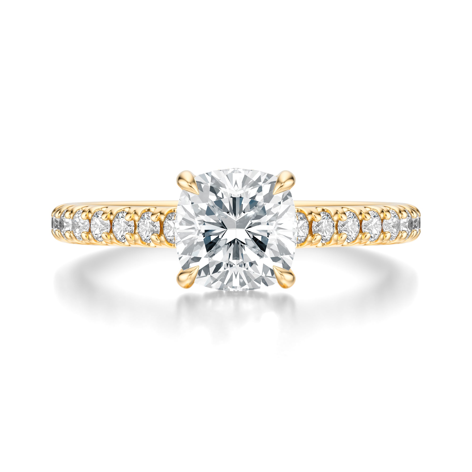 Signature Cathedral Hidden Halo Cushion Engagement Ring - Yellow Gold Pavé Band - Front View