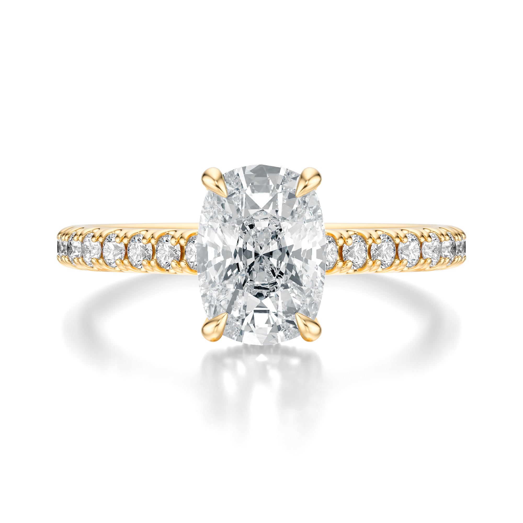 Signature Cathedral Hidden Halo Elongated Cushion Engagement Ring - Yellow Gold Pavé Band - Front View