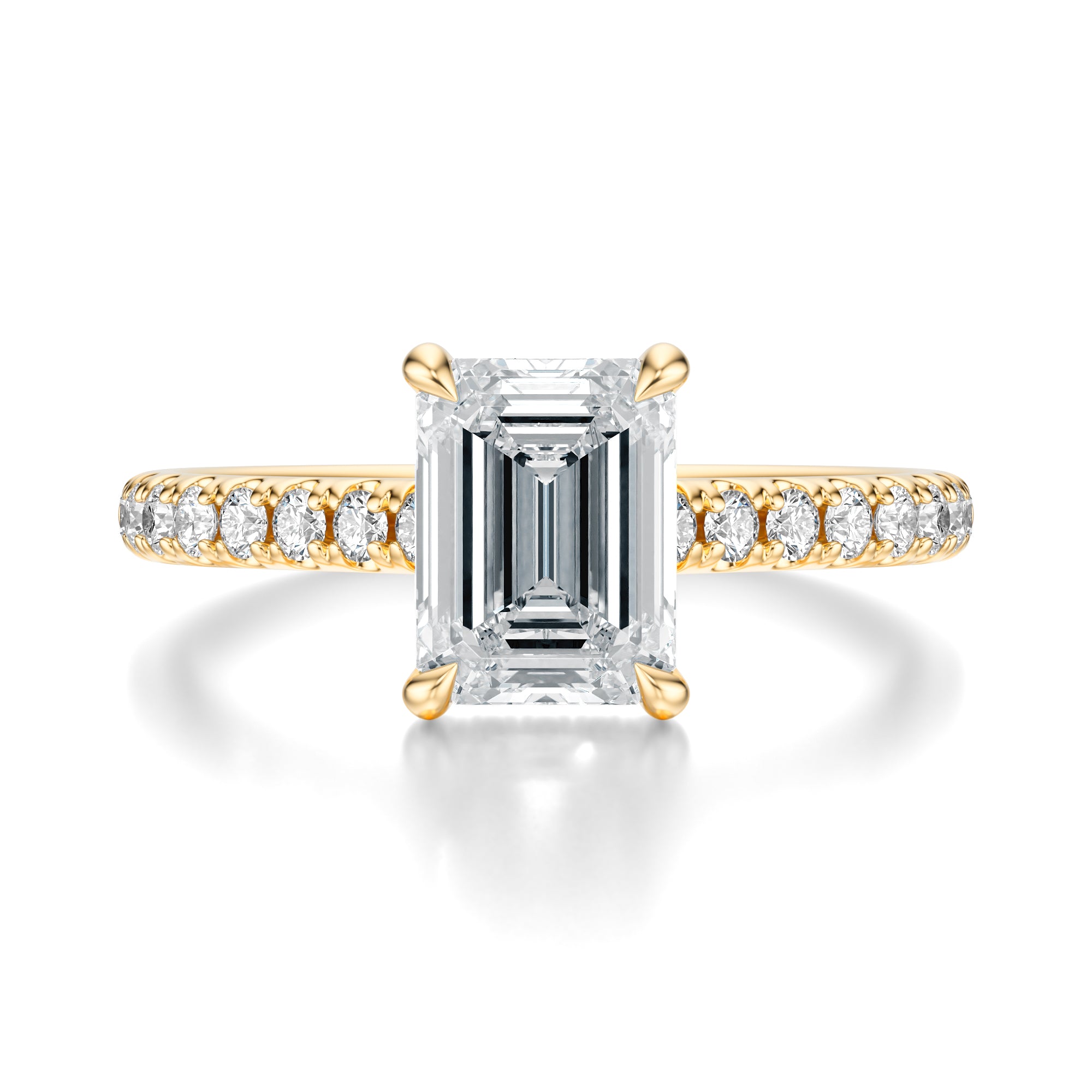 Signature Cathedral Hidden Halo Emerald Engagement Ring - Yellow Gold Pavé Band - Front View