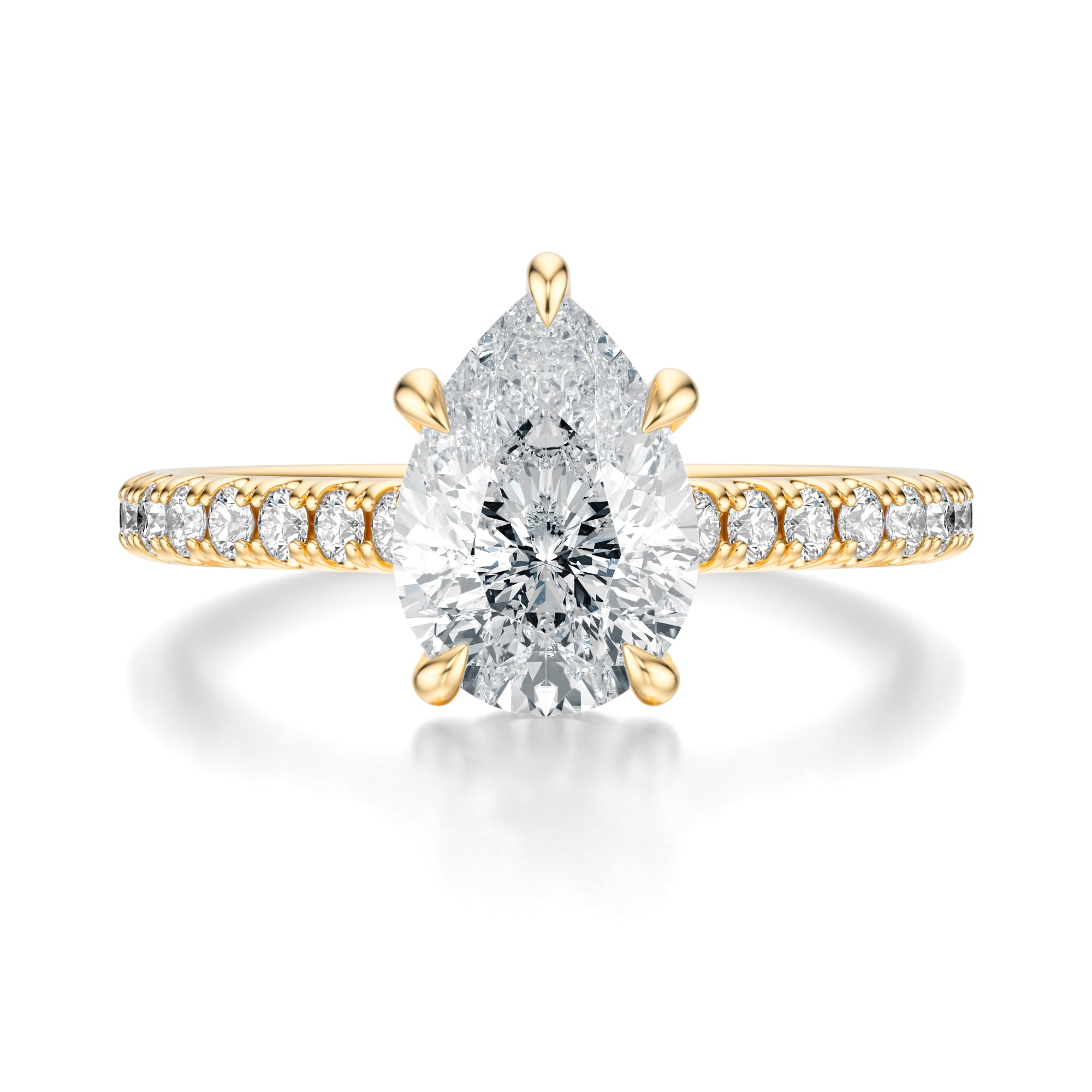 Signature Cathedral Hidden Halo Pear Engagement Ring - Yellow Gold Pavé Band - Front View