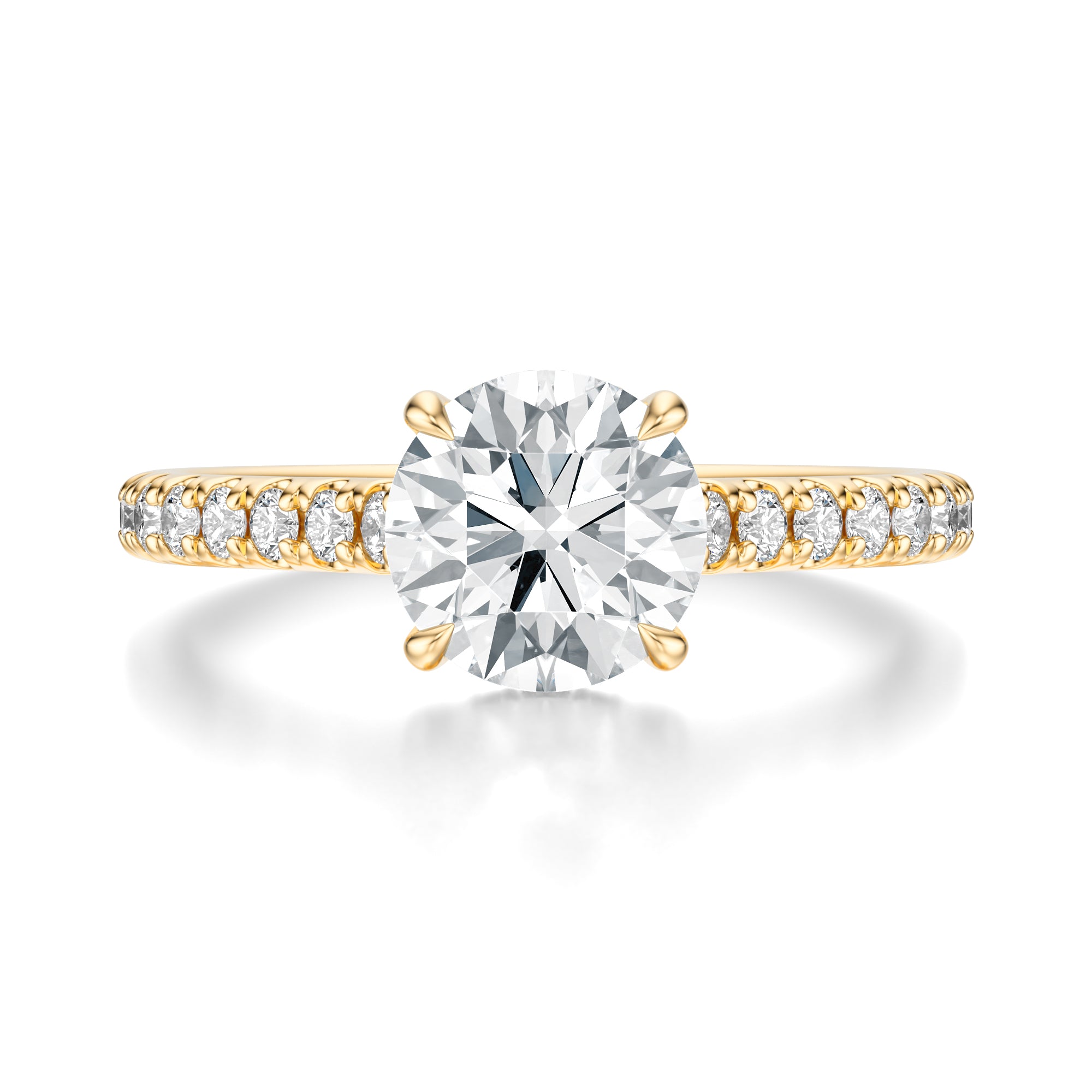 Signature Cathedral Hidden Halo Round Engagement Ring - Yellow Gold Pavé Band - Front View