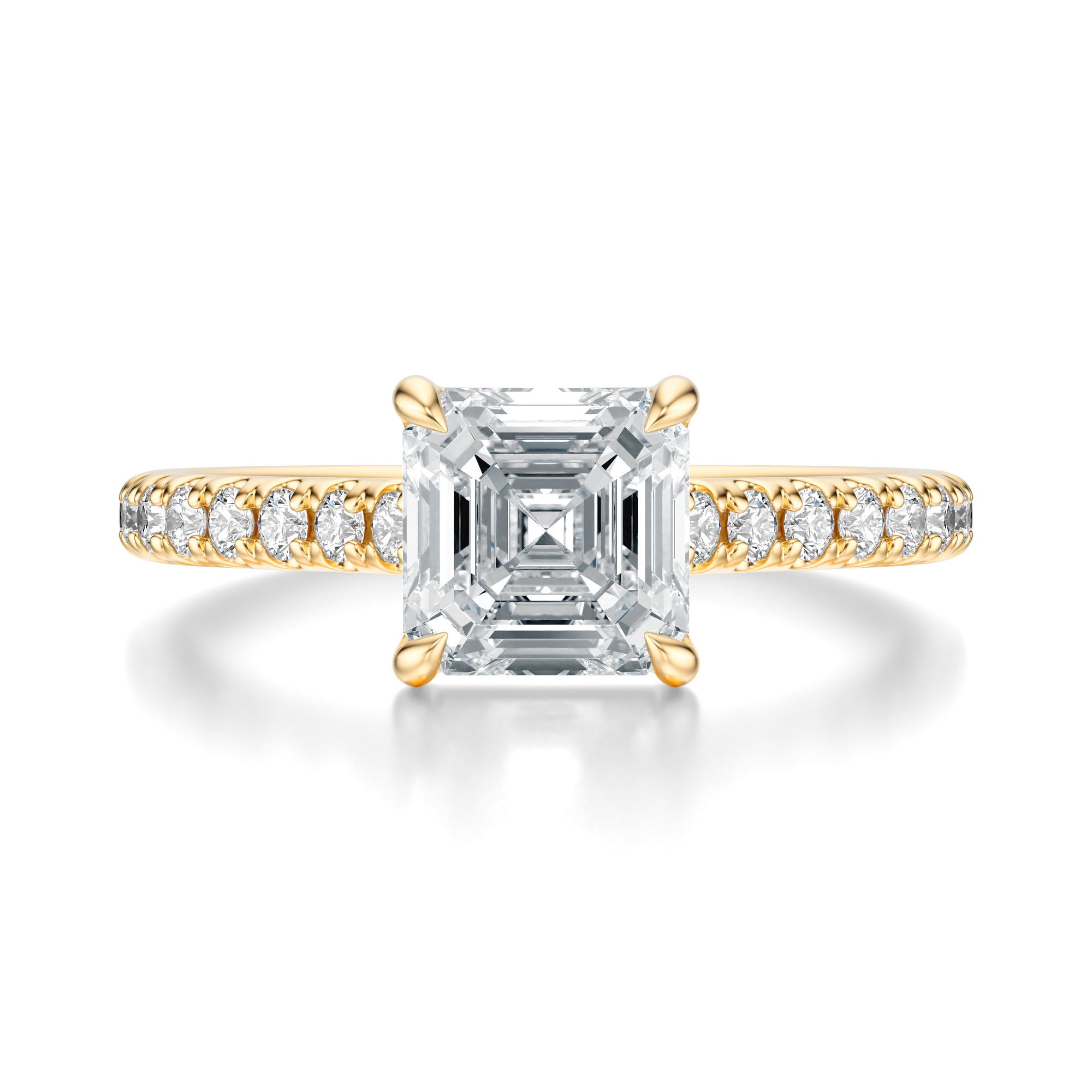 Signature Cathedral Asscher Engagement Ring - Yellow Gold Pavé Band - Front View