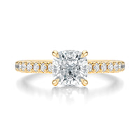 Signature Cathedral Cushion Engagement Ring - Yellow Gold Pavé Band - Front View