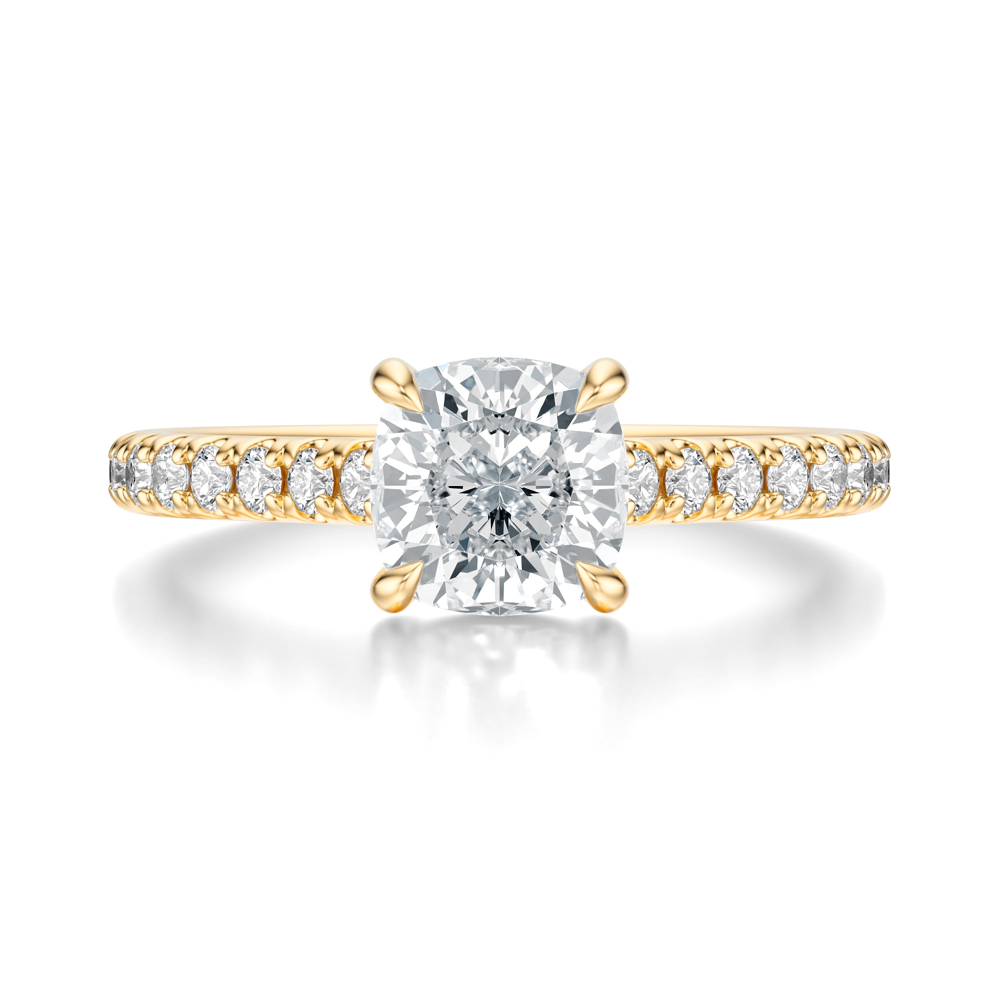 Signature Cathedral Cushion Engagement Ring - Yellow Gold Pavé Band - Front View