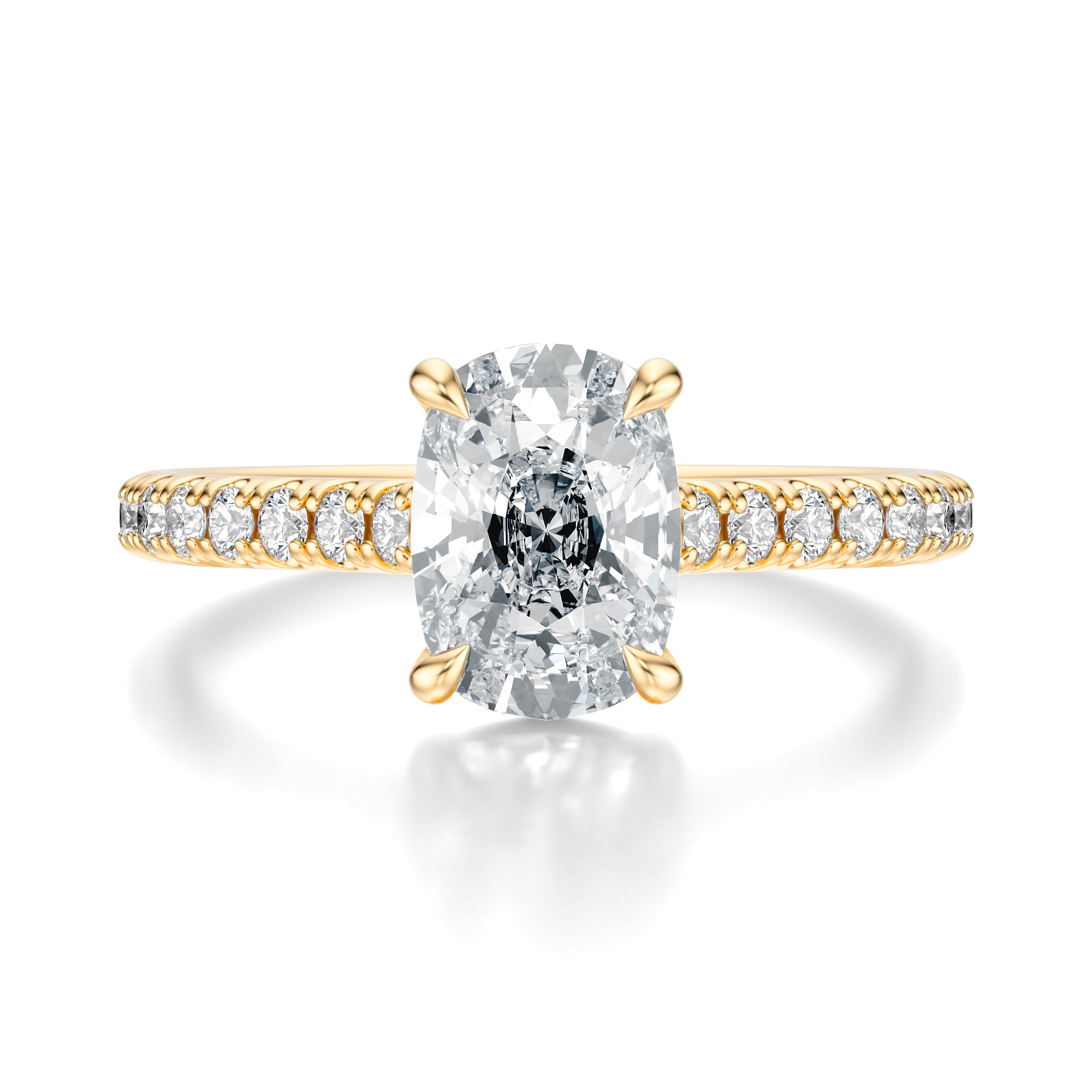 Signature Cathedral Elongated Cushion Engagement Ring - Yellow Gold Pavé Band - Front View