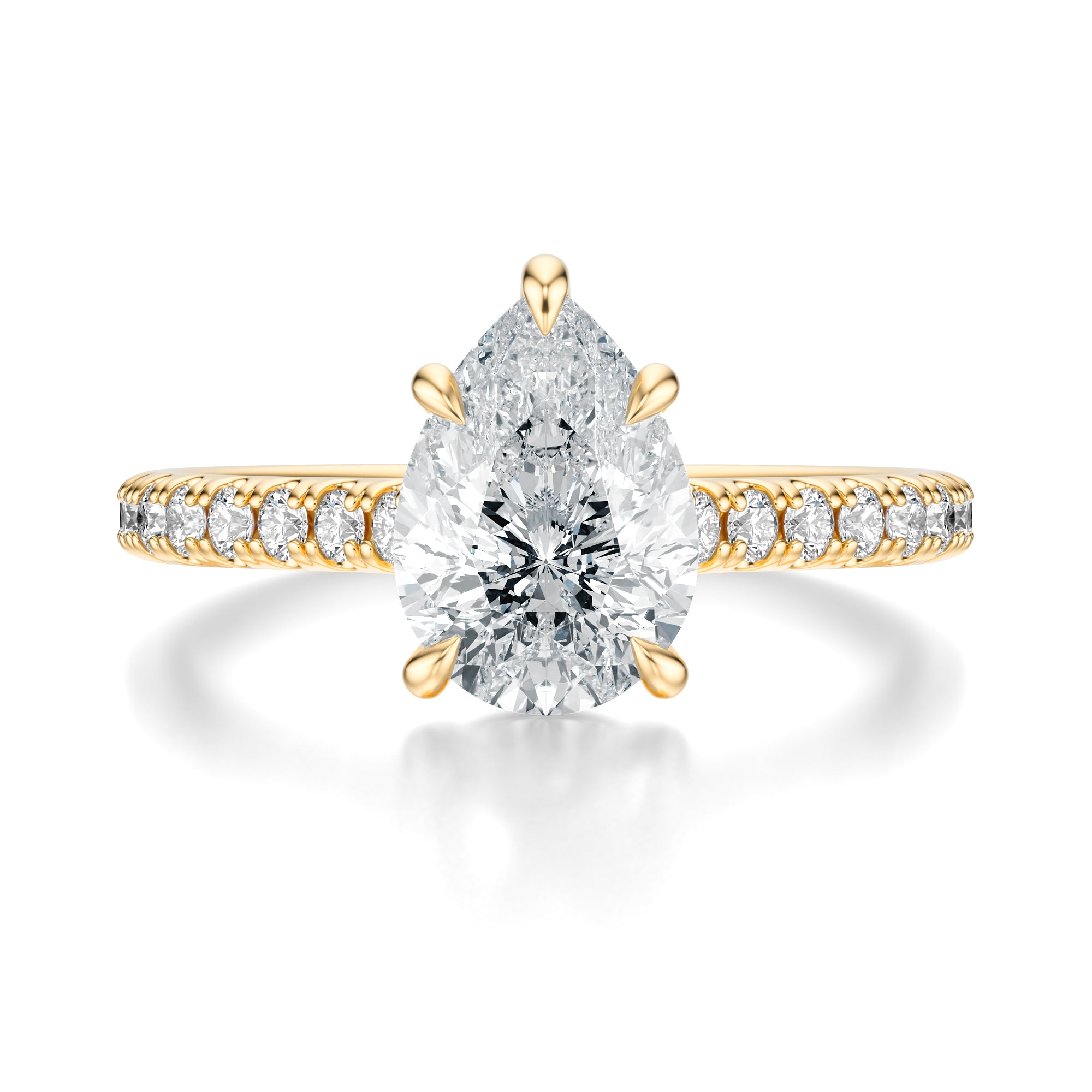 Signature Cathedral Pear Engagement Ring - Yellow Gold Pavé Band - Front View