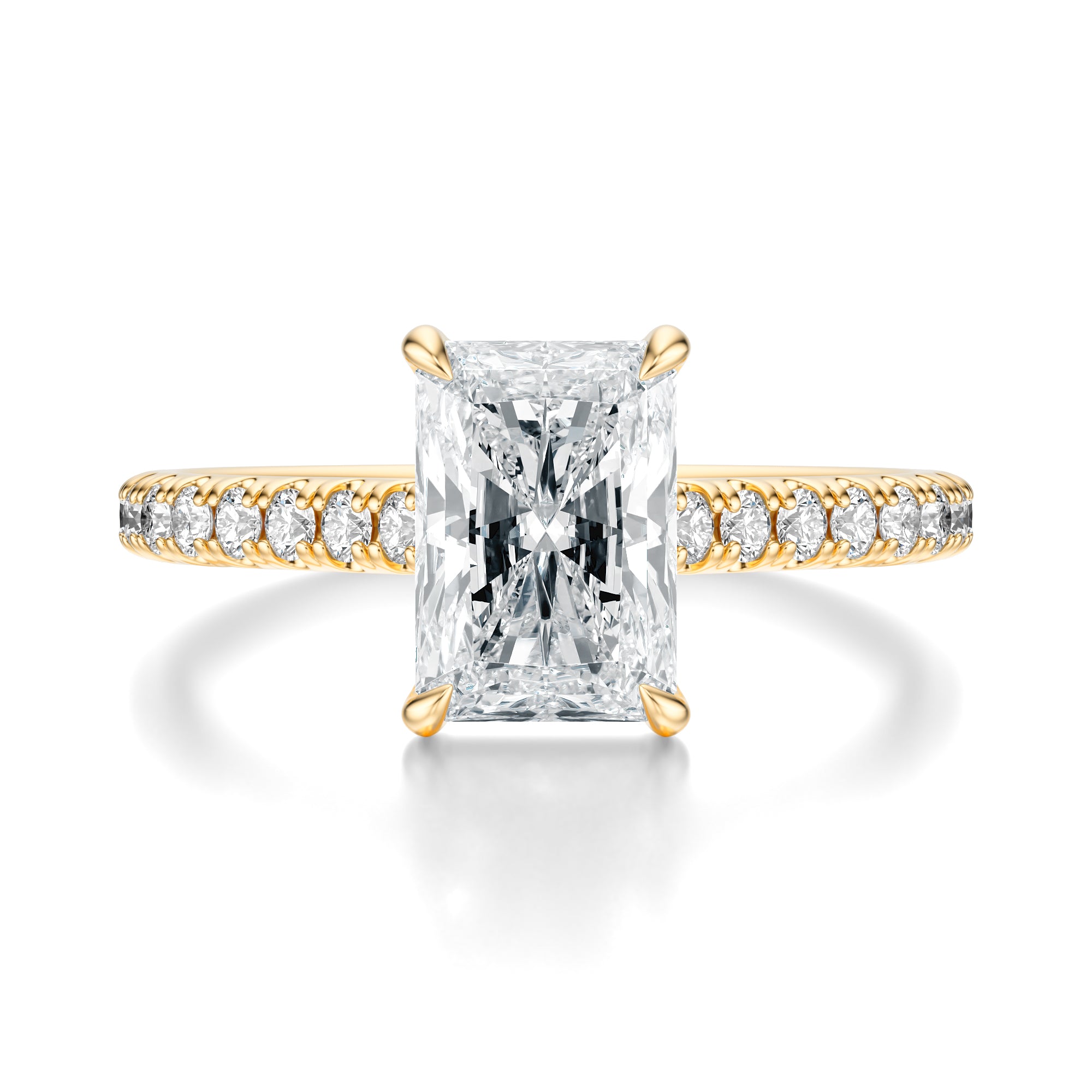 Signature Cathedral Radiant Engagement Ring - Yellow Gold Pavé Band - Front View