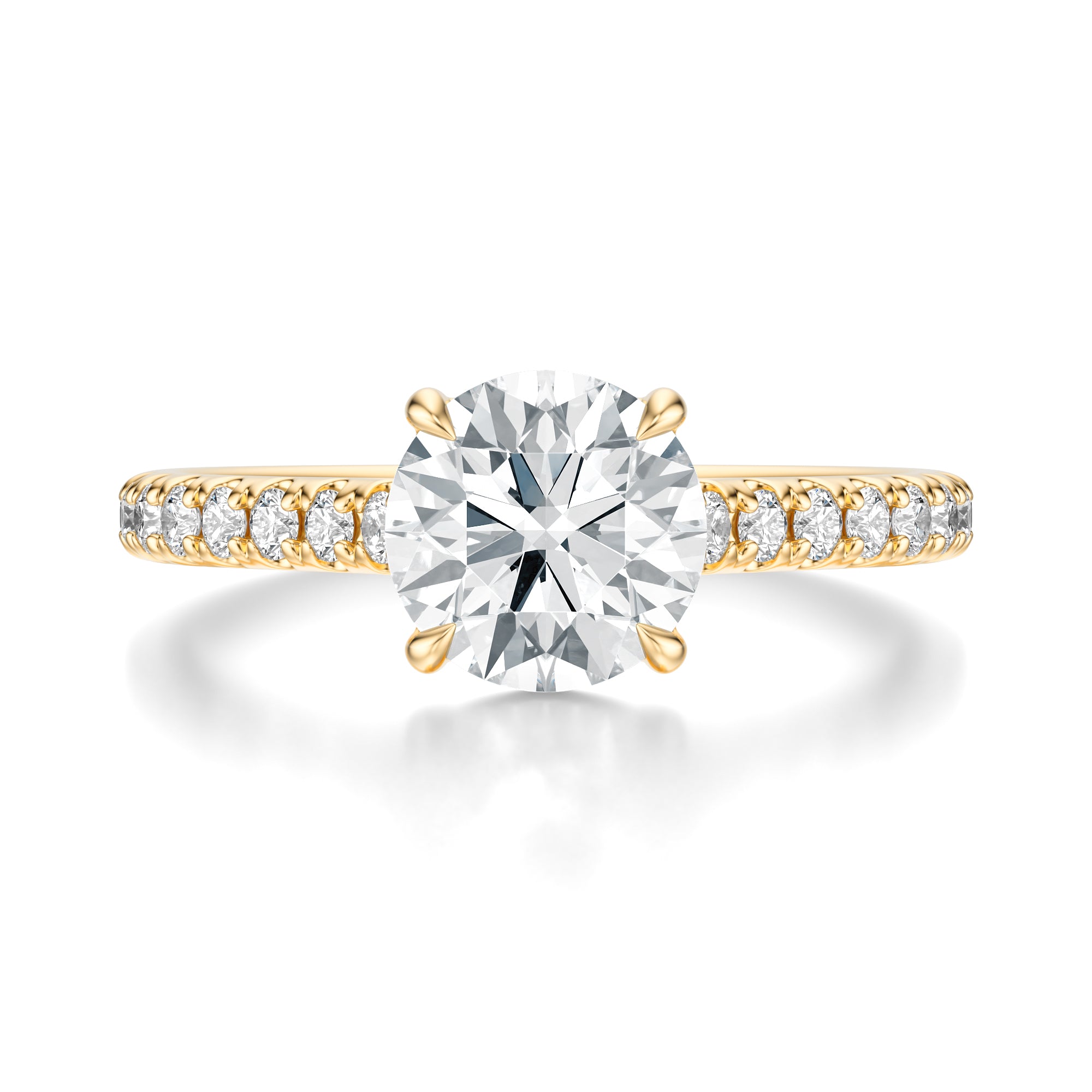 Signature Cathedral Round Engagement Ring - Yellow Gold Pavé Band - Front View
