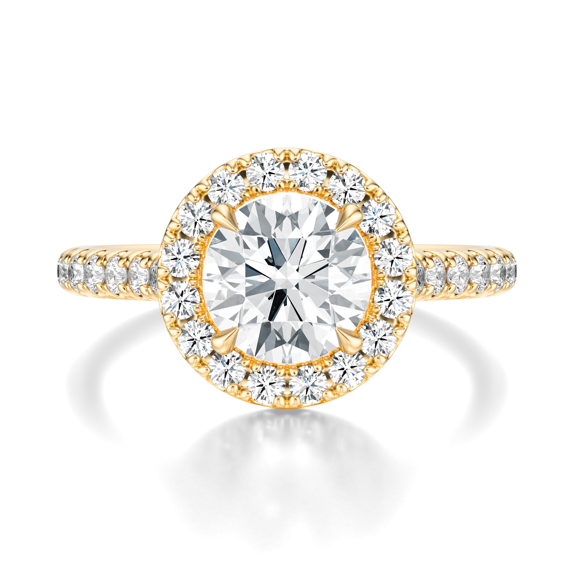 Signature Halo Round Engagement Ring - Yellow Gold Pavé Band - Front View
