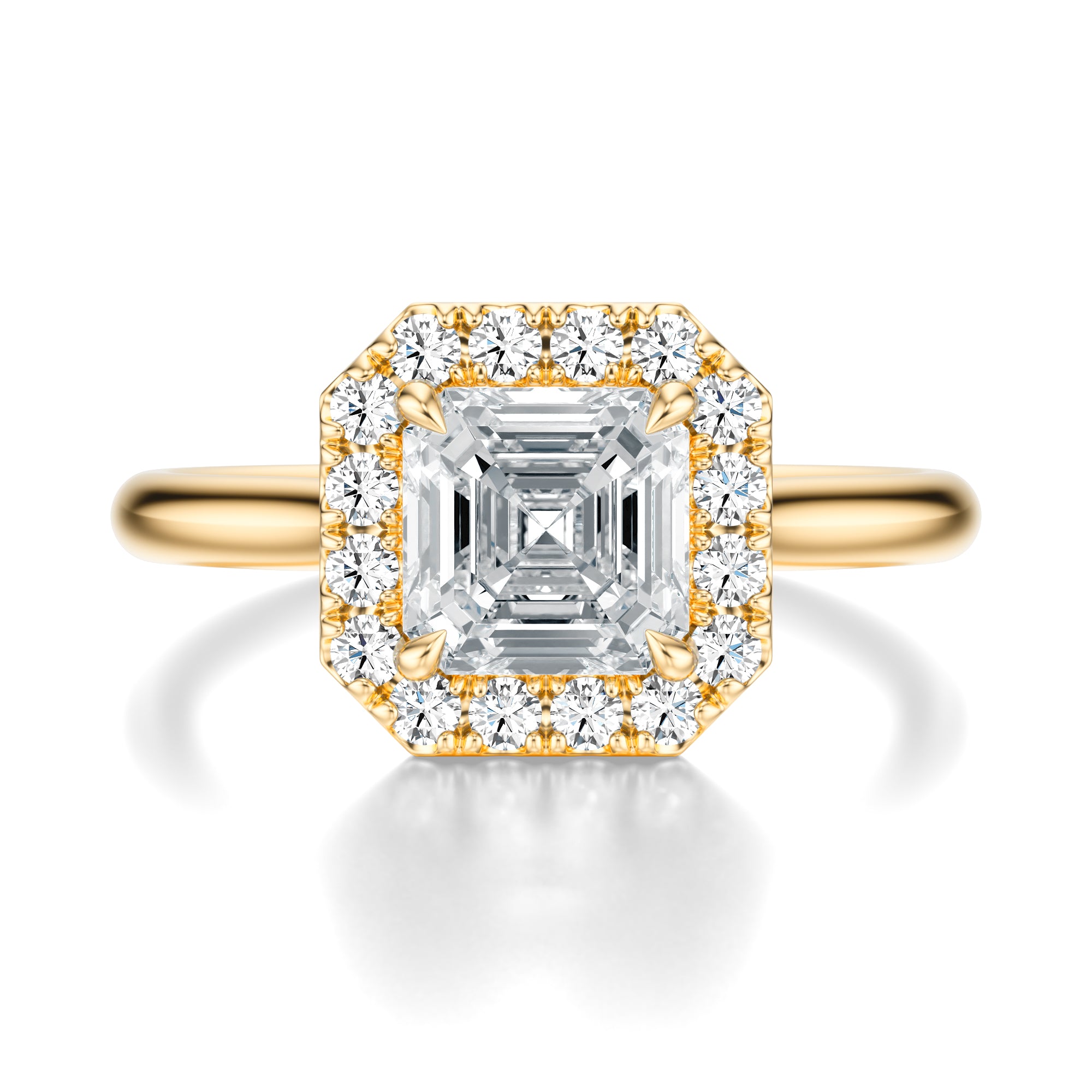 Signature Halo Asscher Engagement Ring - Yellow Gold Polished Band - Front View