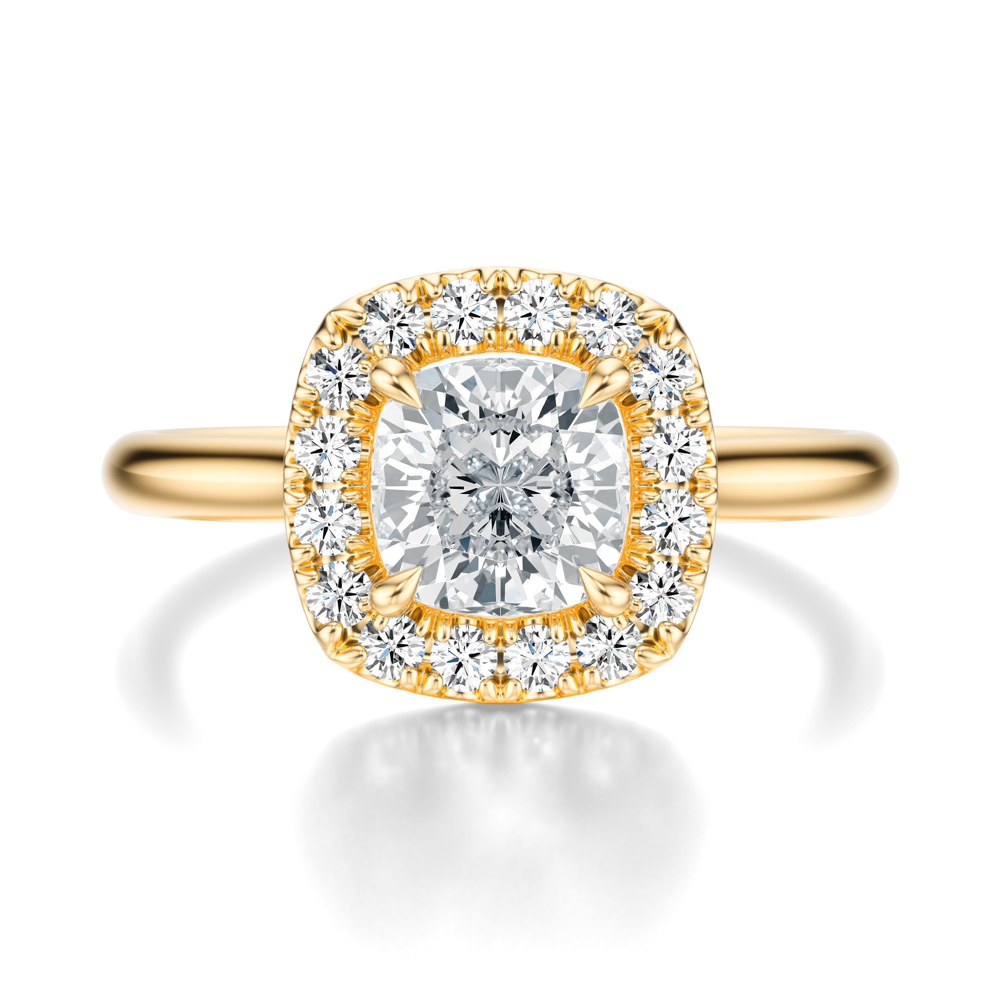 Signature Halo Cushion Engagement Ring - Yellow Gold Polished Band - Front View