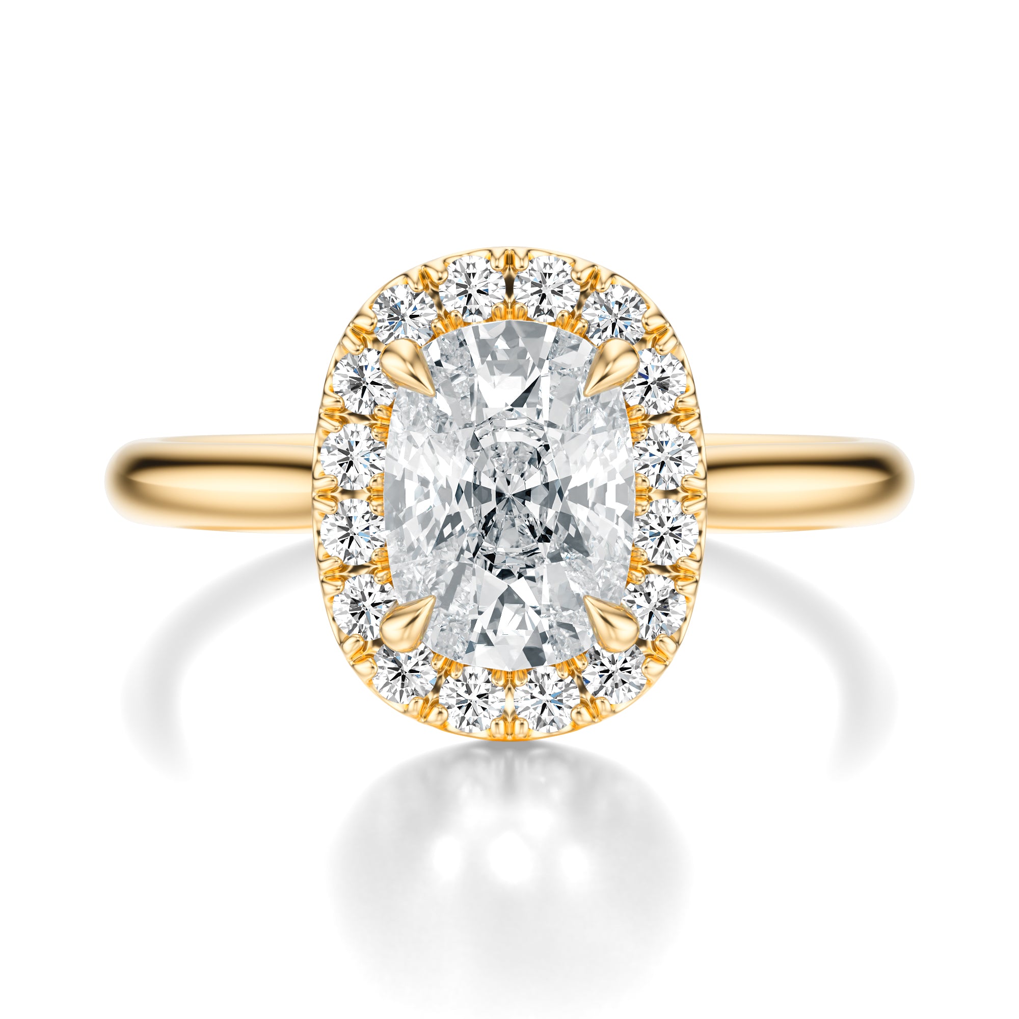Signature Halo Elongated Cushion Engagement Ring - Yellow Gold Polished Band - Front View