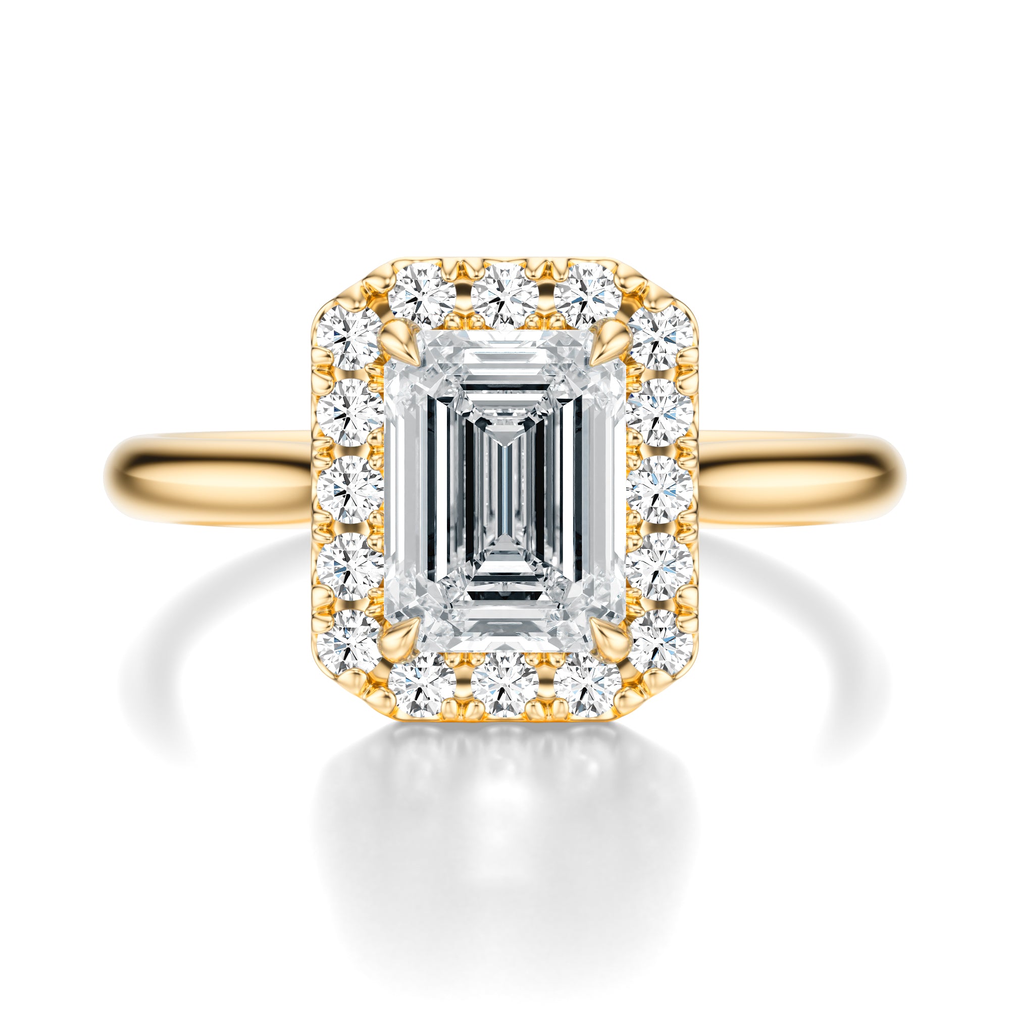 Signature Halo Emerald Engagement Ring - Yellow Gold Polished Band - Front View