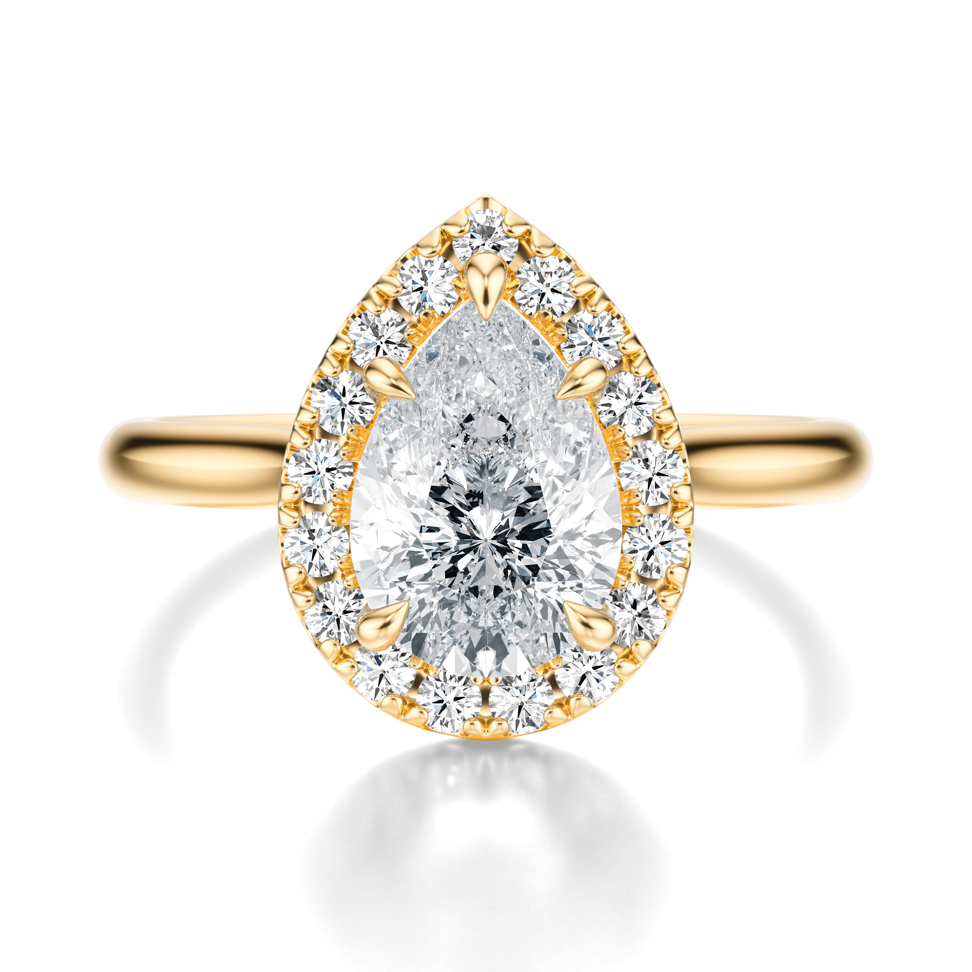 Signature Halo Pear Engagement Ring - Yellow Gold Polished Band - Front View