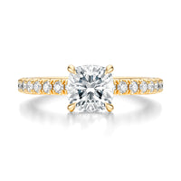 Signature Hidden Halo Cushion Engagement Ring - Yellow Gold Pavé Band - Front View
