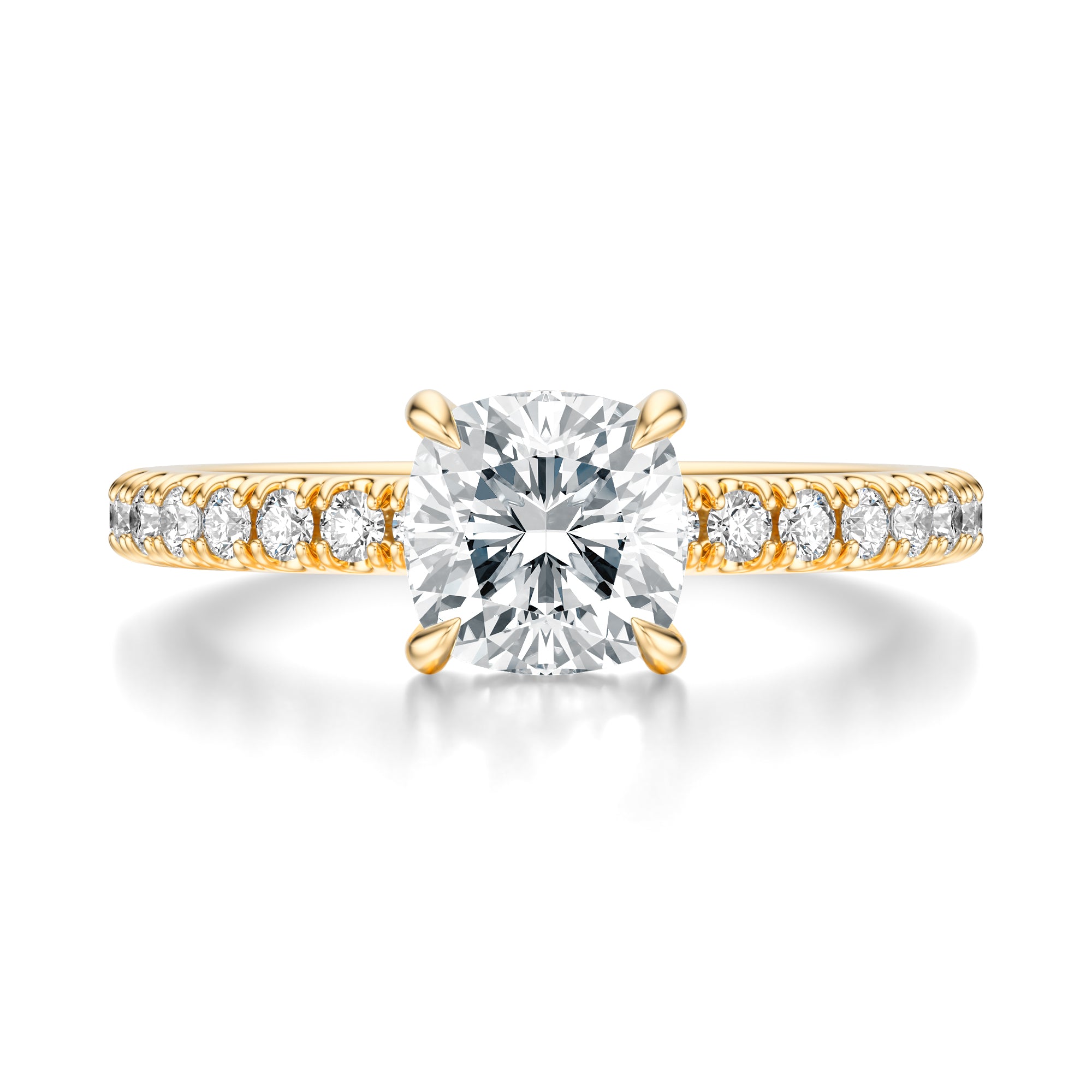 Signature Hidden Halo Cushion Engagement Ring - Yellow Gold Pavé Band - Front View