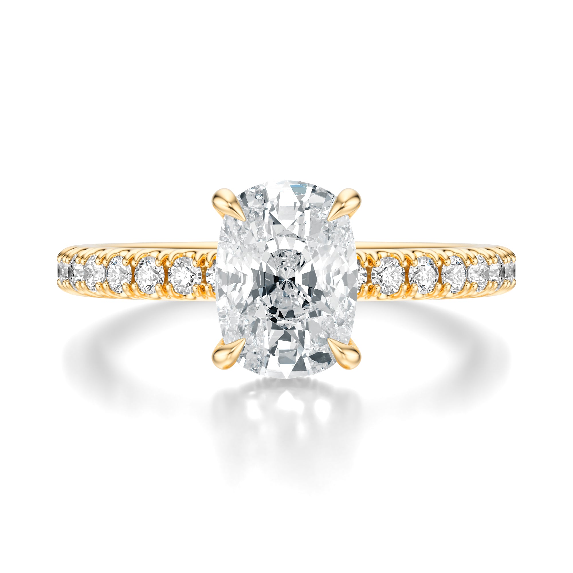 Signature Hidden Halo Elongated Cushion Engagement Ring - Yellow Gold Pavé Band - Front View