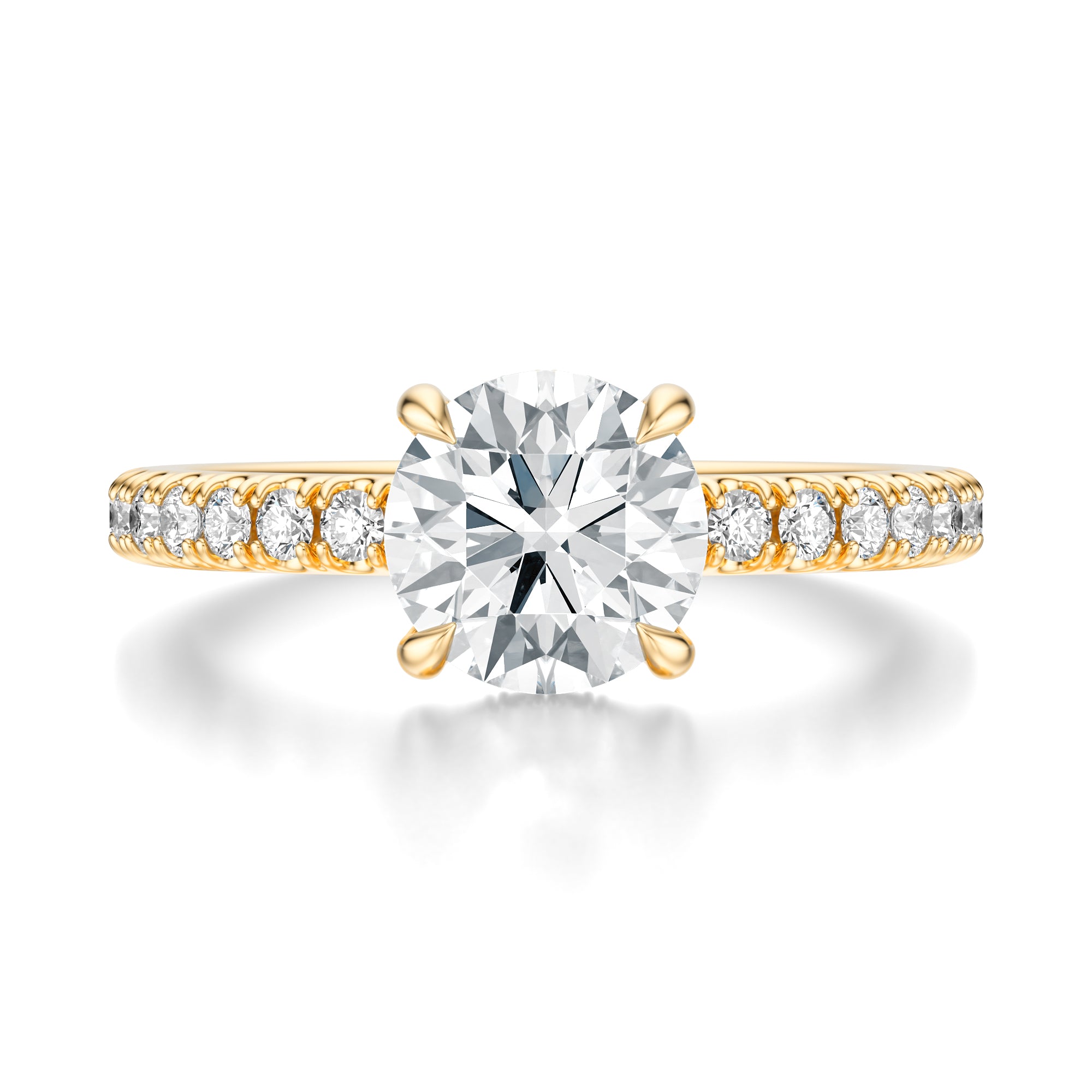 Signature Hidden Halo Round Engagement Ring - Yellow Gold Pavé Band - Front View