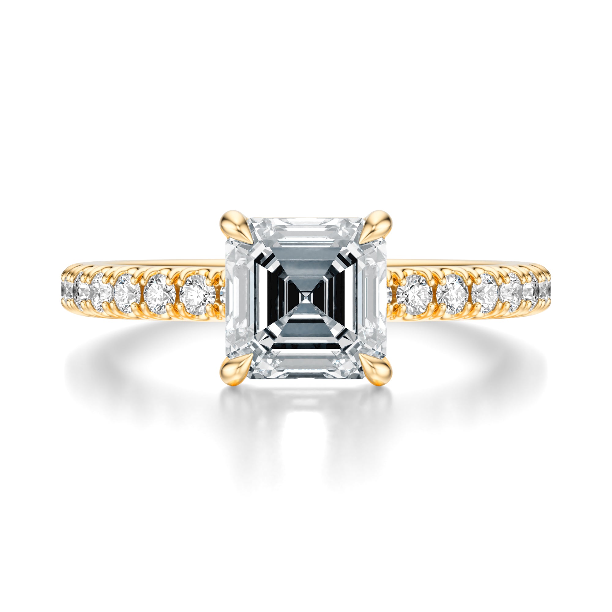 Signature Solitaire Asscher Engagement Ring - Yellow Gold Pavé Band - Front View