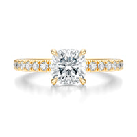 Signature Solitaire Cushion Engagement Ring - Yellow Gold Pavé Band - Front View