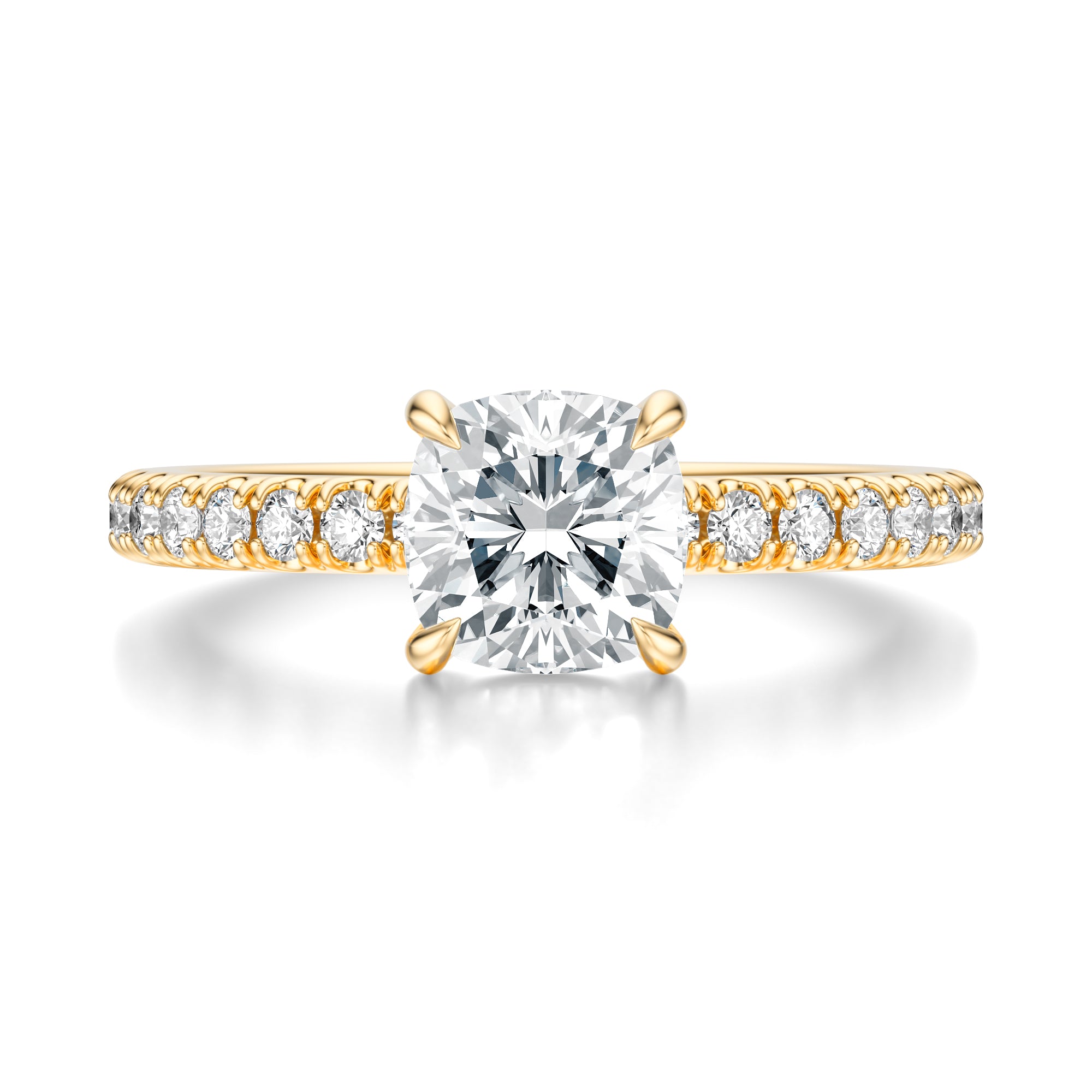Signature Solitaire Cushion Engagement Ring - Yellow Gold Pavé Band - Front View
