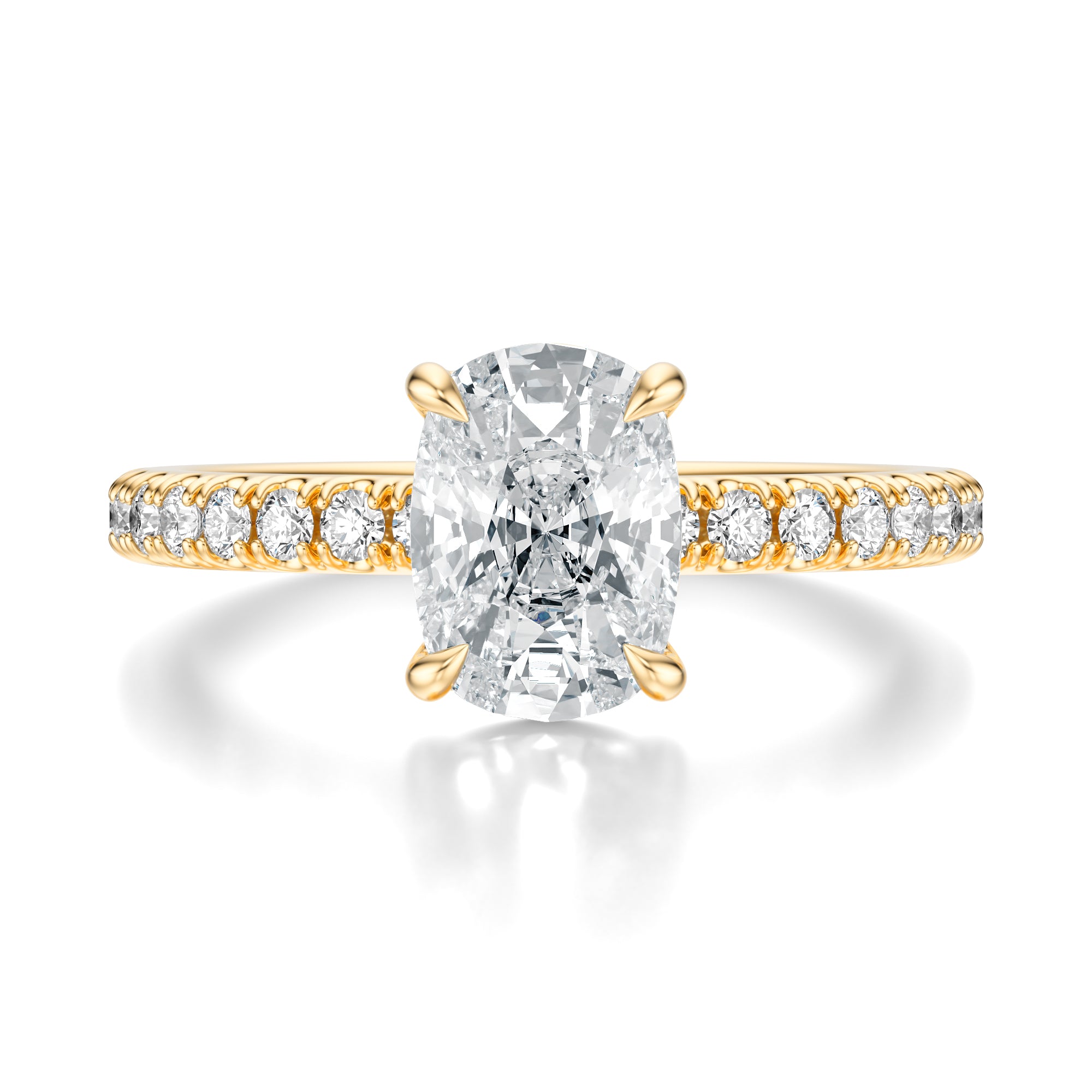 Signature Solitaire Elongated Cushion Engagement Ring - Yellow Gold Pavé Band - Front View
