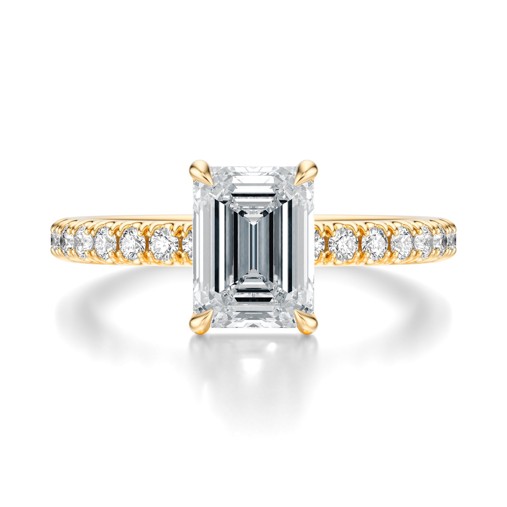 Signature Solitaire Emerald Engagement Ring - Yellow Gold Pavé Band - Front View