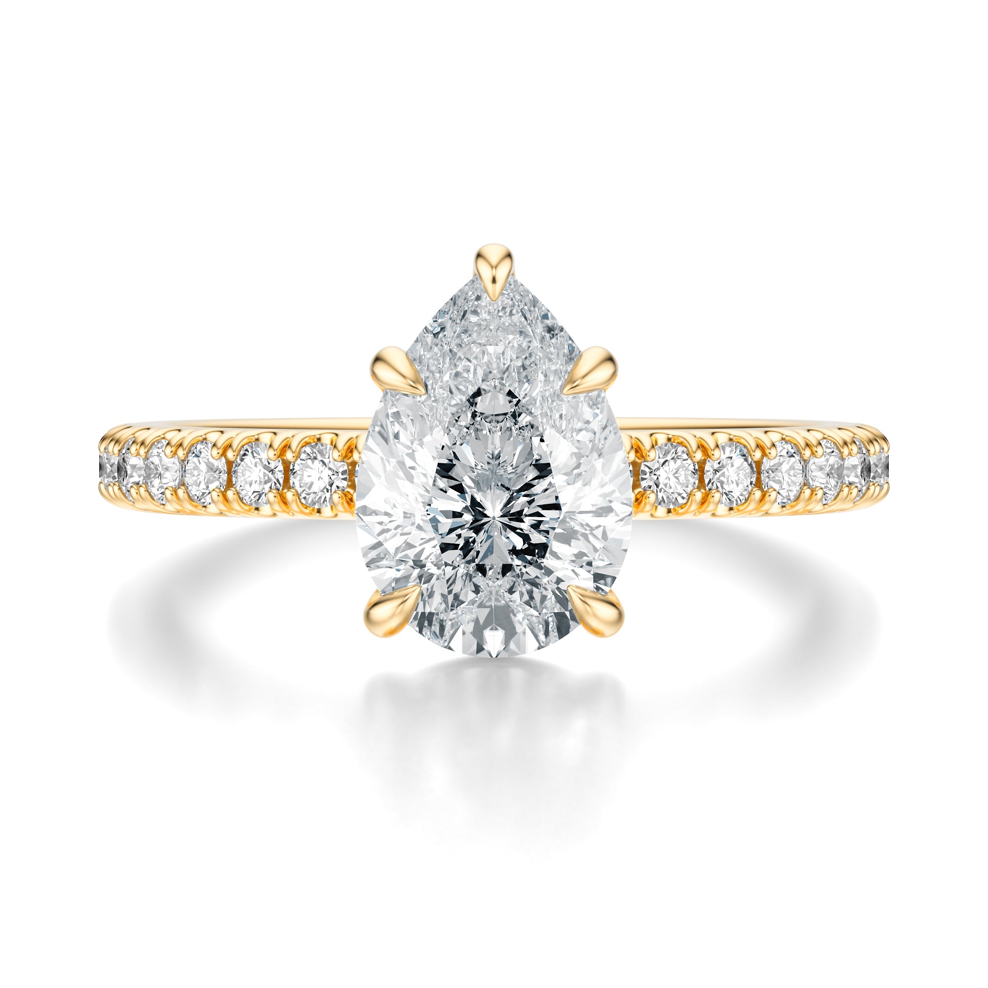 Signature Solitaire Pear Engagement Ring - Yellow Gold Pavé Band - Front View