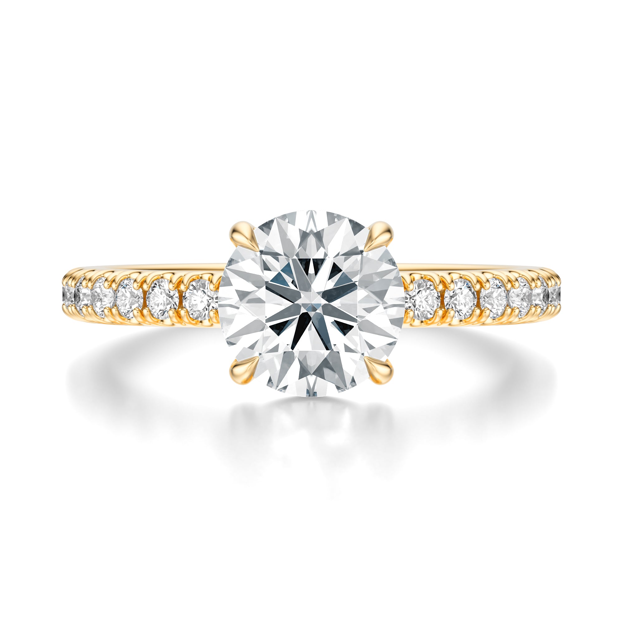 Signature Solitaire Round Engagement Ring - Yellow Gold Pavé Band - Front View