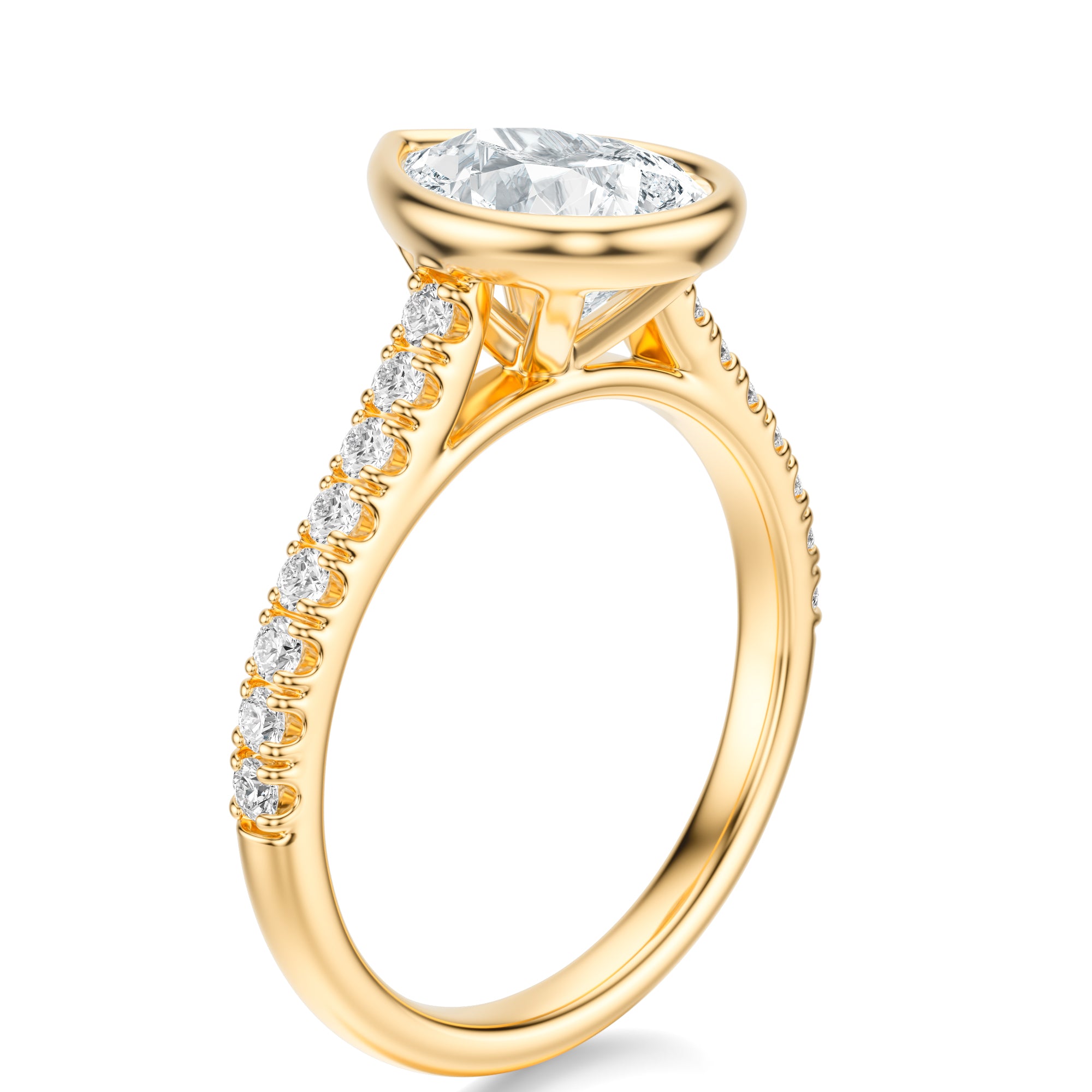 Signature Bezel Pear Engagement Ring - Yellow Gold Pavé Band - Side View