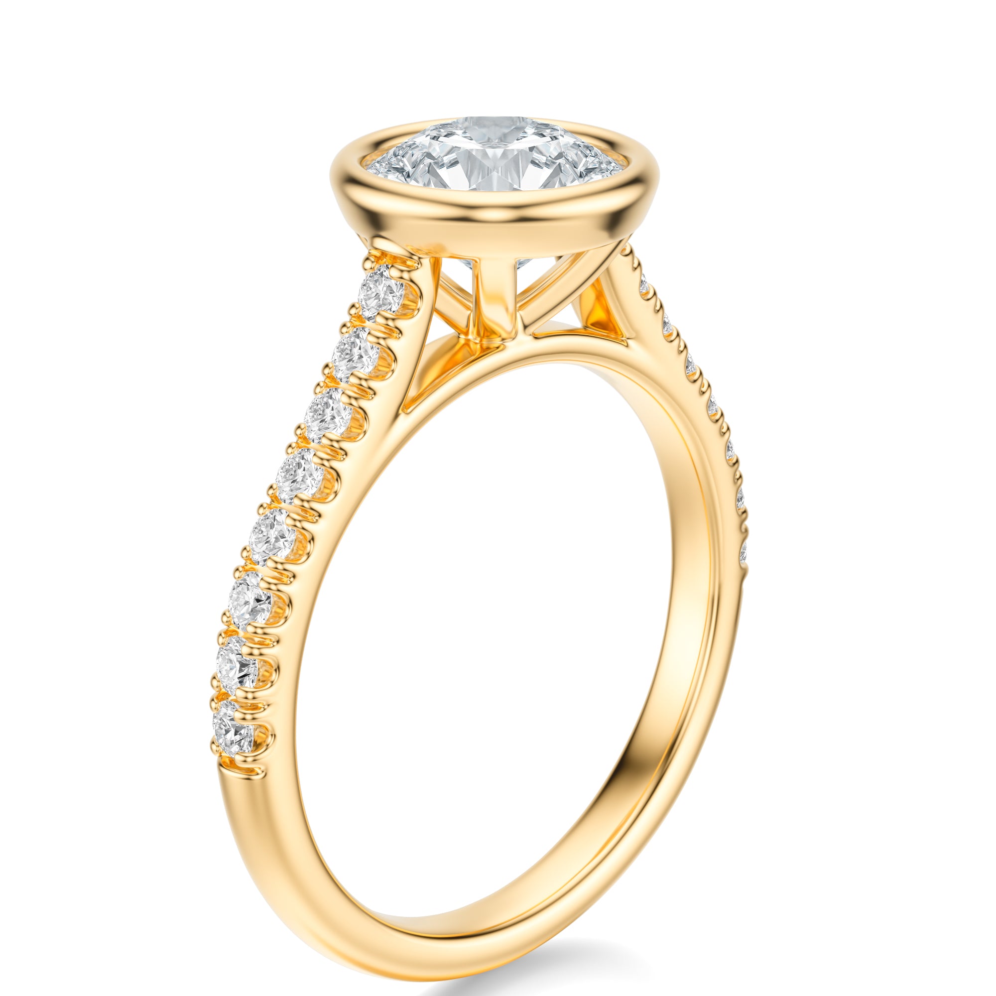 Signature Bezel Round Engagement Ring - Yellow Gold Pavé Band - Side View