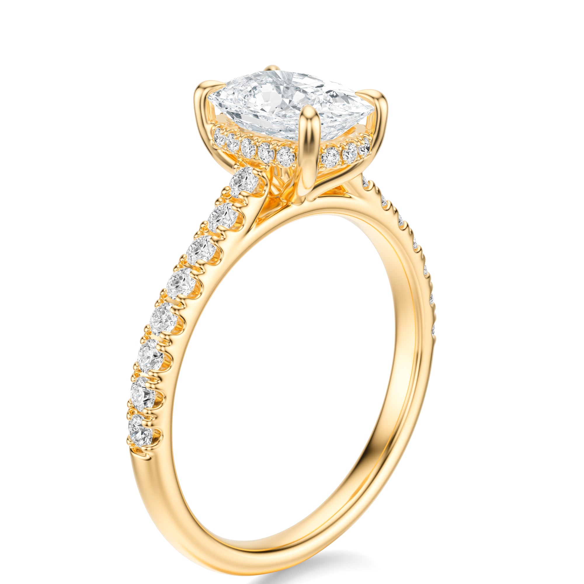 Signature Cathedral Hidden Halo Elongated Cushion Engagement Ring - Yellow Gold Pavé Band - Side View