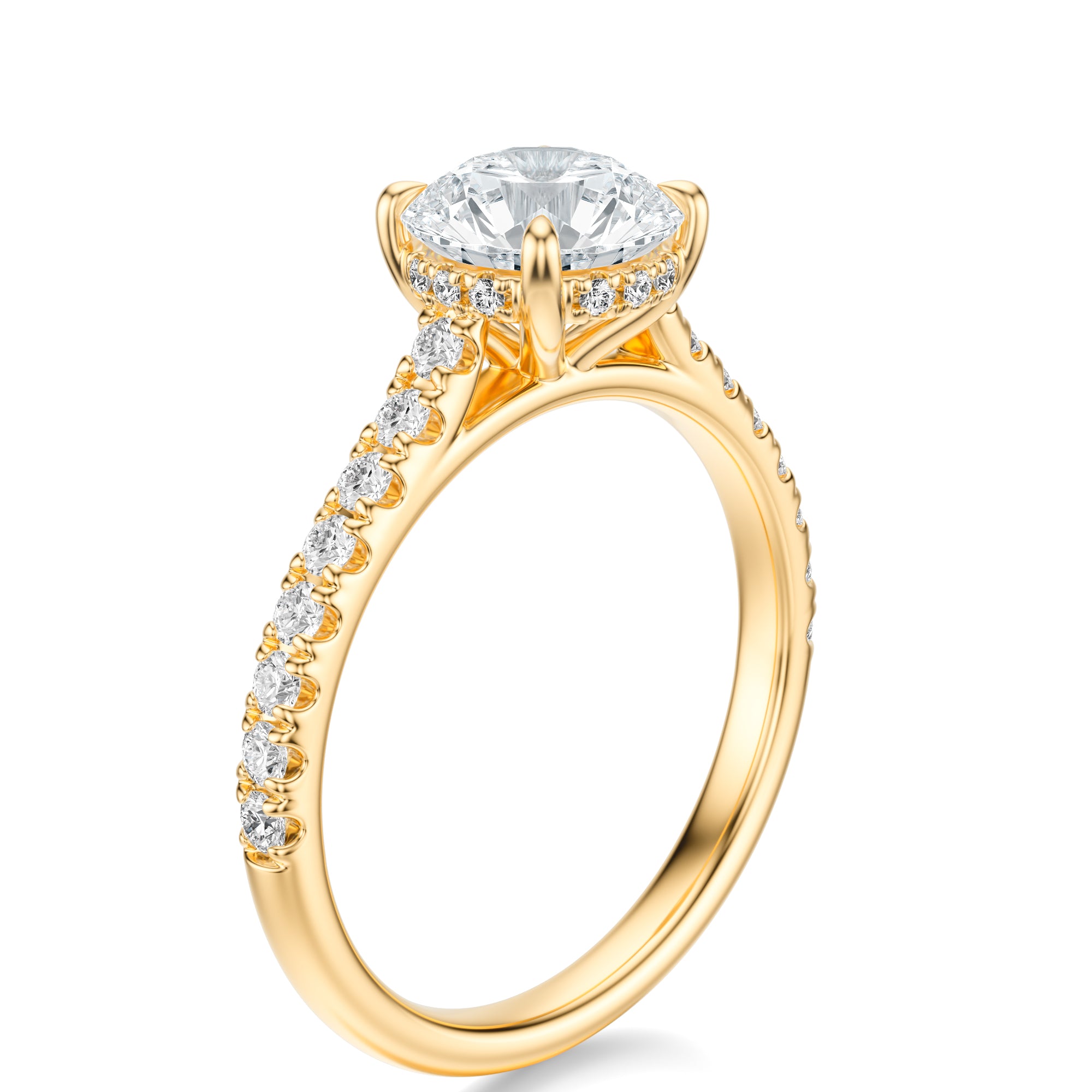 Signature Cathedral Hidden Halo Round Engagement Ring - Yellow Gold Pavé Band - Side View