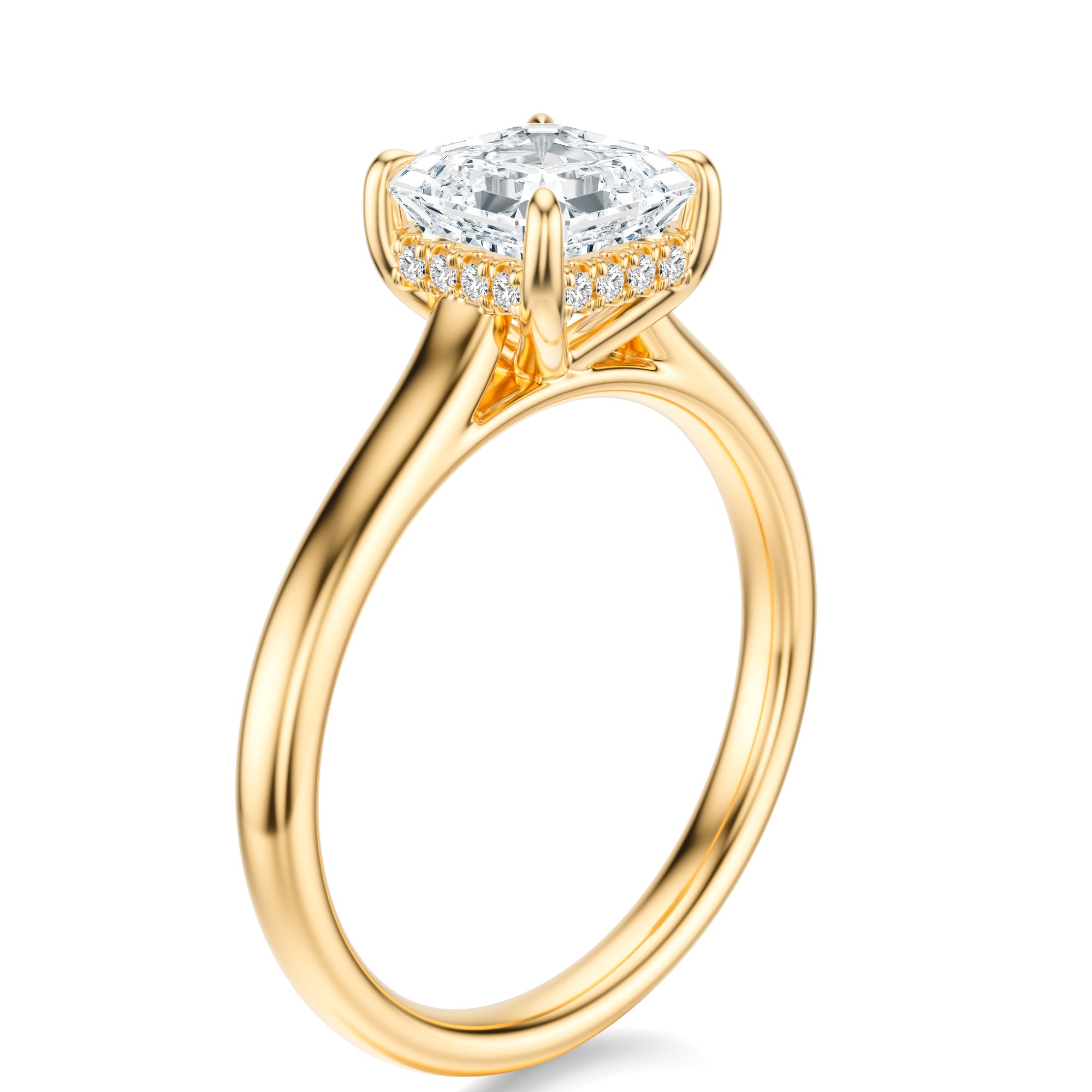 Signature Cathedral Hidden Halo Asscher Engagement Ring - Yellow Gold Polished Band - Side View