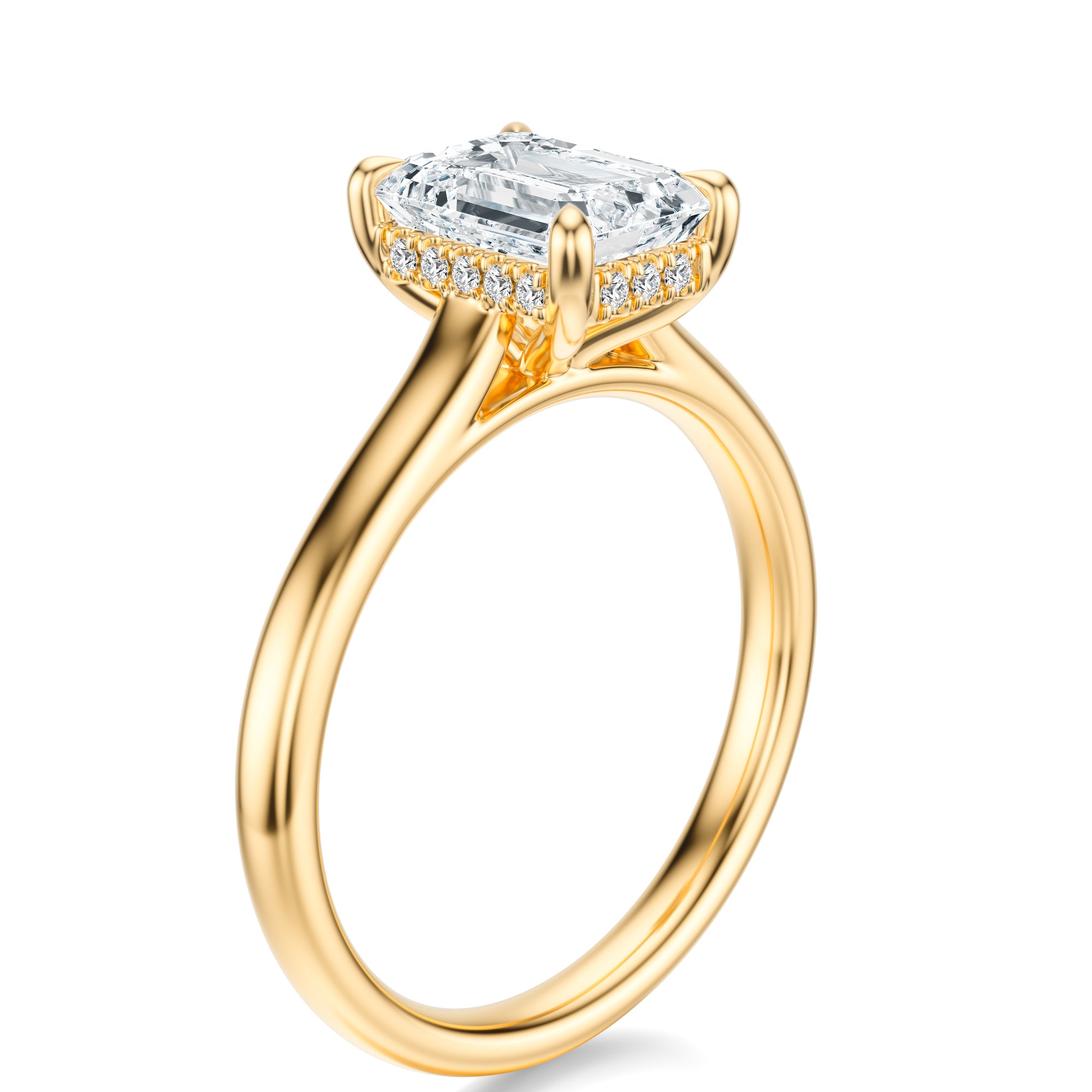 Signature Cathedral Hidden Halo Emerald Engagement Ring - Yellow Gold Polished Band - Side View