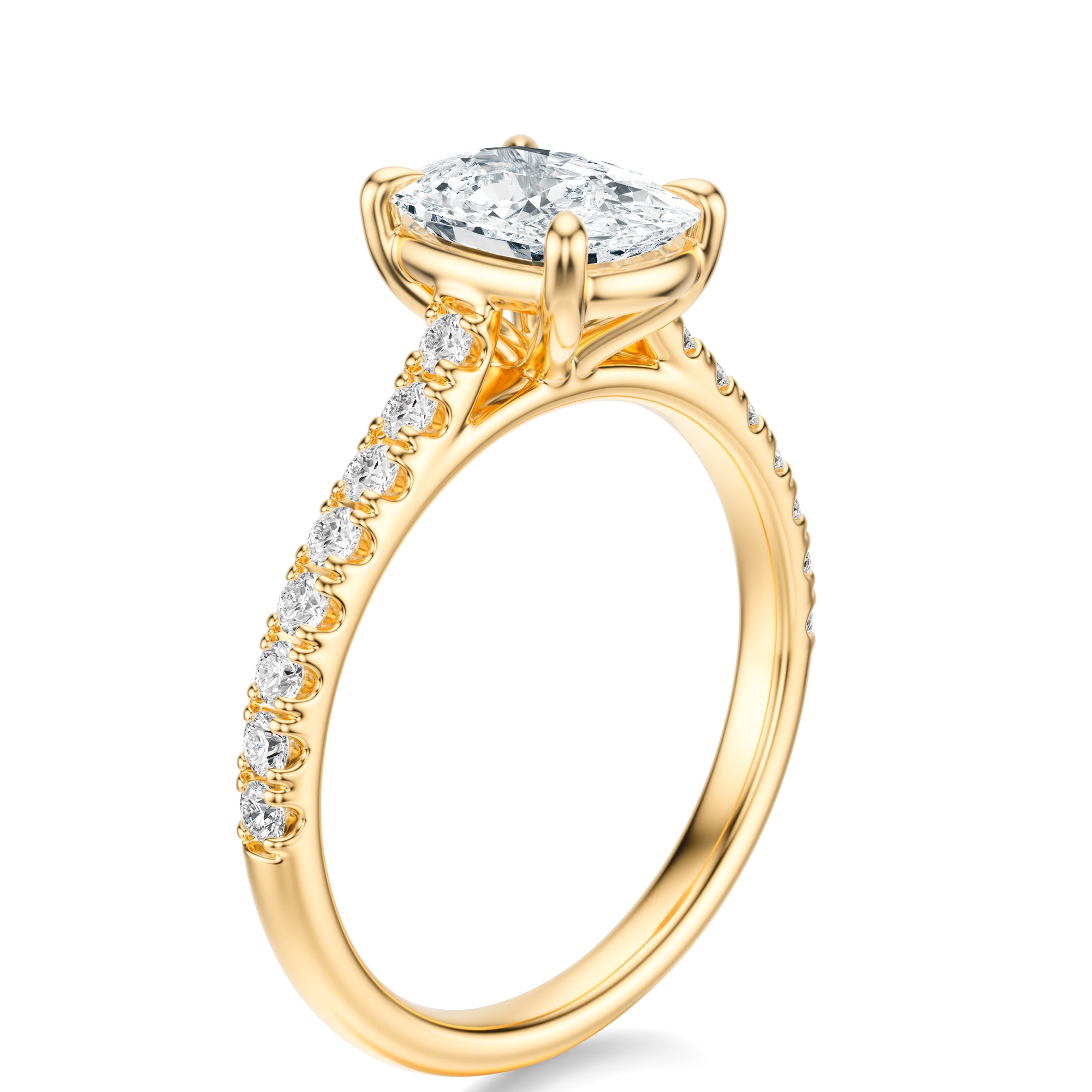 Signature Cathedral Elongated Cushion Engagement Ring - Yellow Gold Pavé Band - Side View