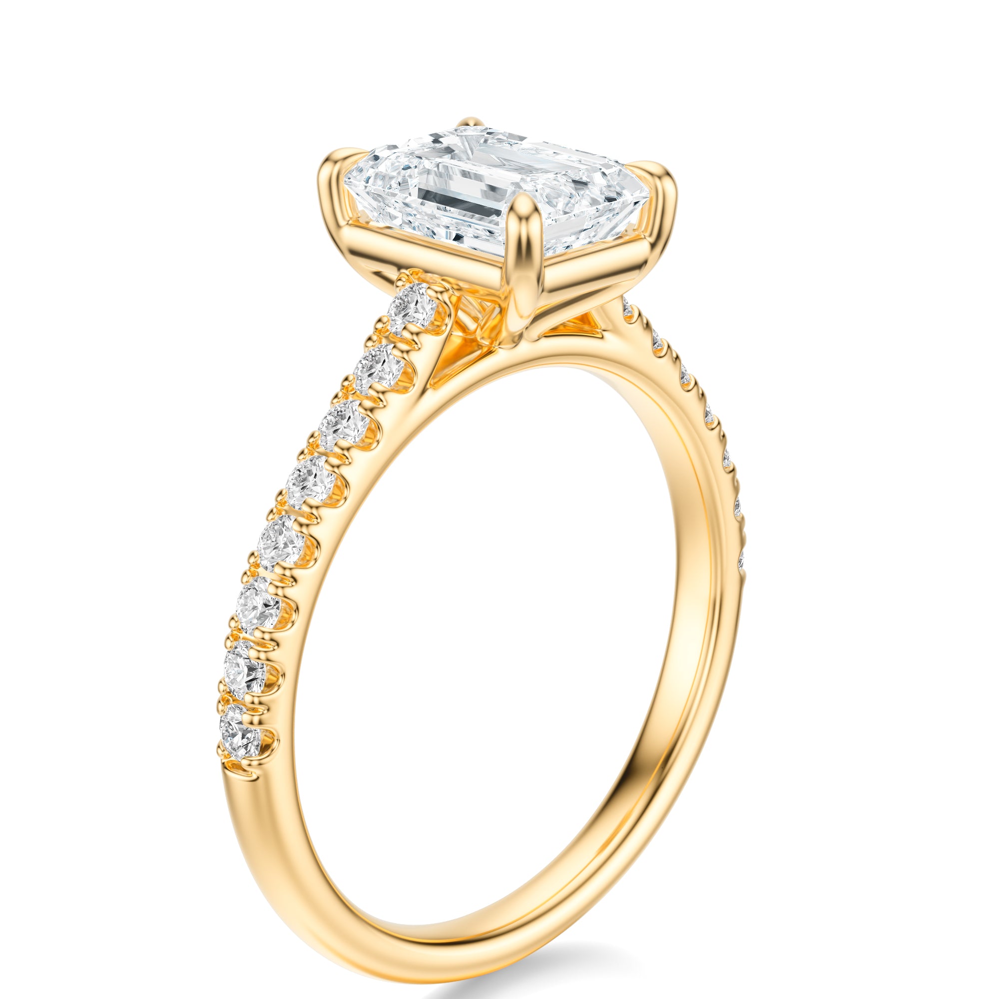 Signature Cathedral Emerald Engagement Ring - Yellow Gold Pavé Band - Side View