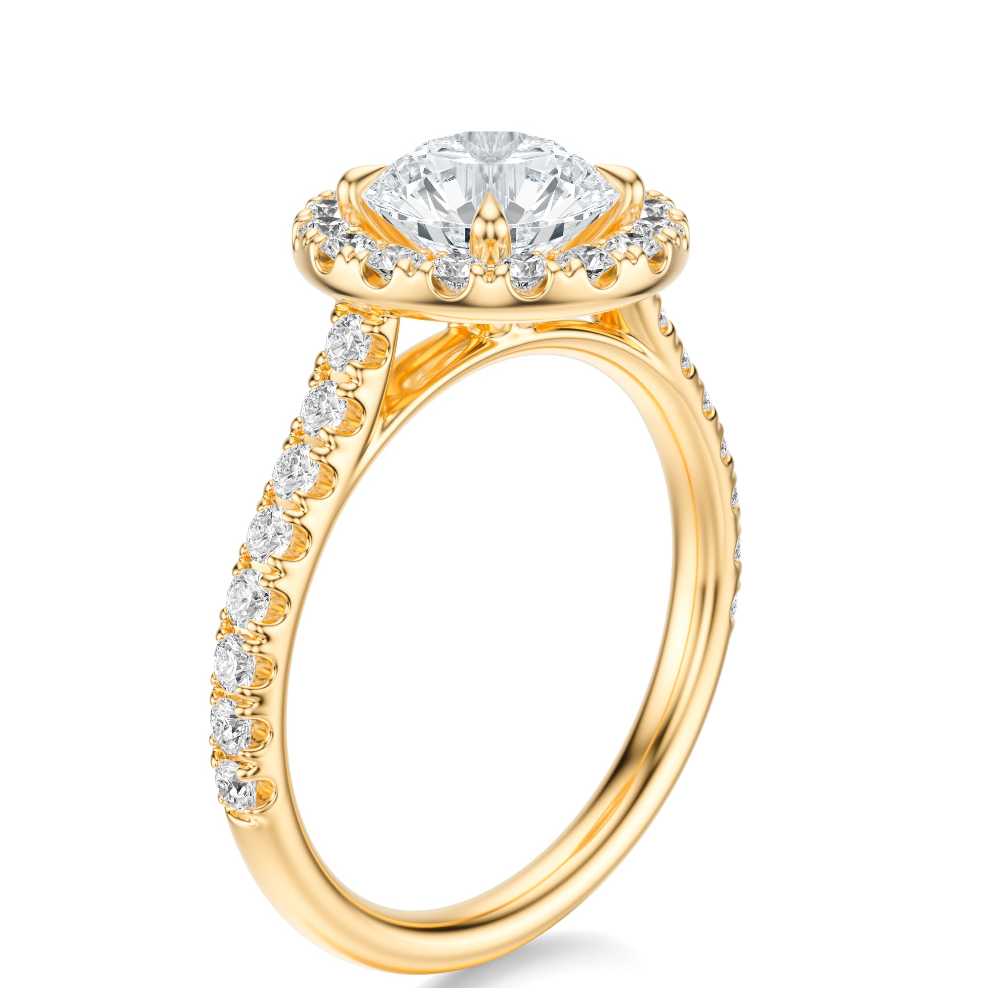Signature Halo Round Engagement Ring - Yellow Gold Pavé Band - Side View