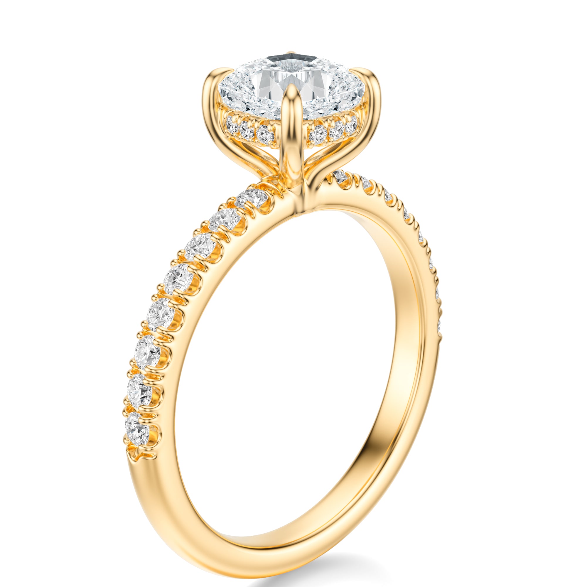 Signature Hidden Halo Cushion Engagement Ring - Yellow Gold Pavé Band - Side View