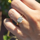 A close up shot of a hand holding a pink flower. On the hand's left ring finger is a large yellow gold engagement ring with a large cushion cut diamond in the center.