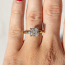 An on-hand shot of a large cushion cut engagement ring set in yellow gold sitting on the left ring finger of a hand.