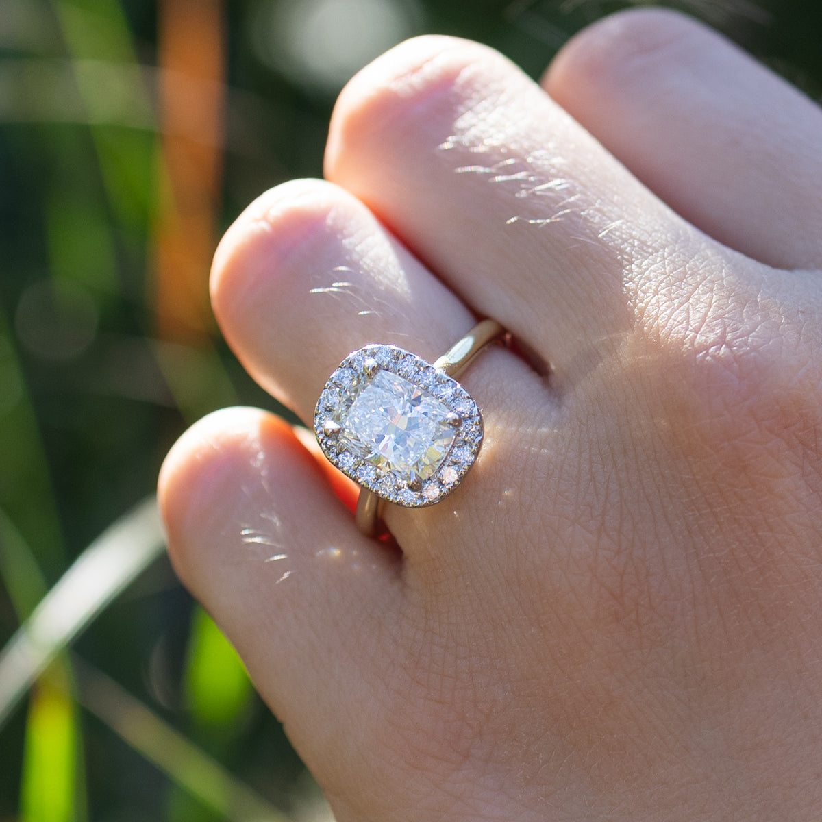 A close up shot of a dual-tone elongated cushion engagement ring on a ring finger. The cushion is surrounded by a halo of small round diamonds. In the background is blurry green grass.