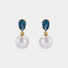 pear blue topaz and pearl gold drop earrings