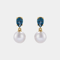 pear blue topaz and pearl gold drop earrings