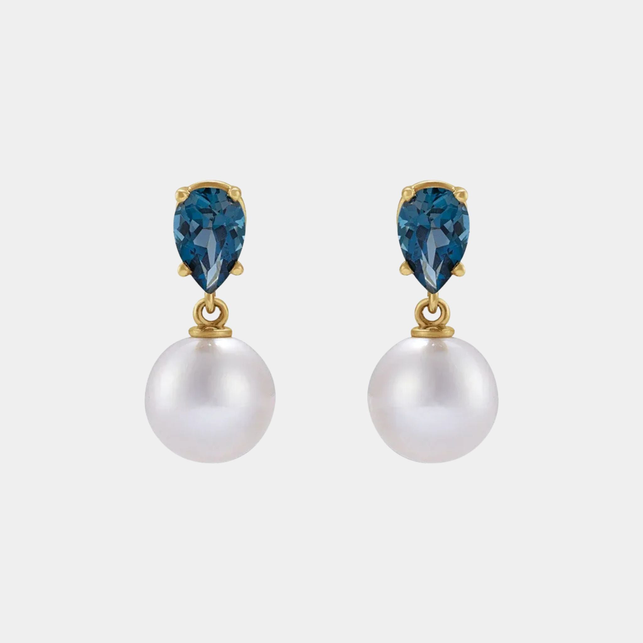 pear blue topaz and pearl gold drop earrings