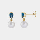 pear blue topaz and pearl yellow gold drop earrings